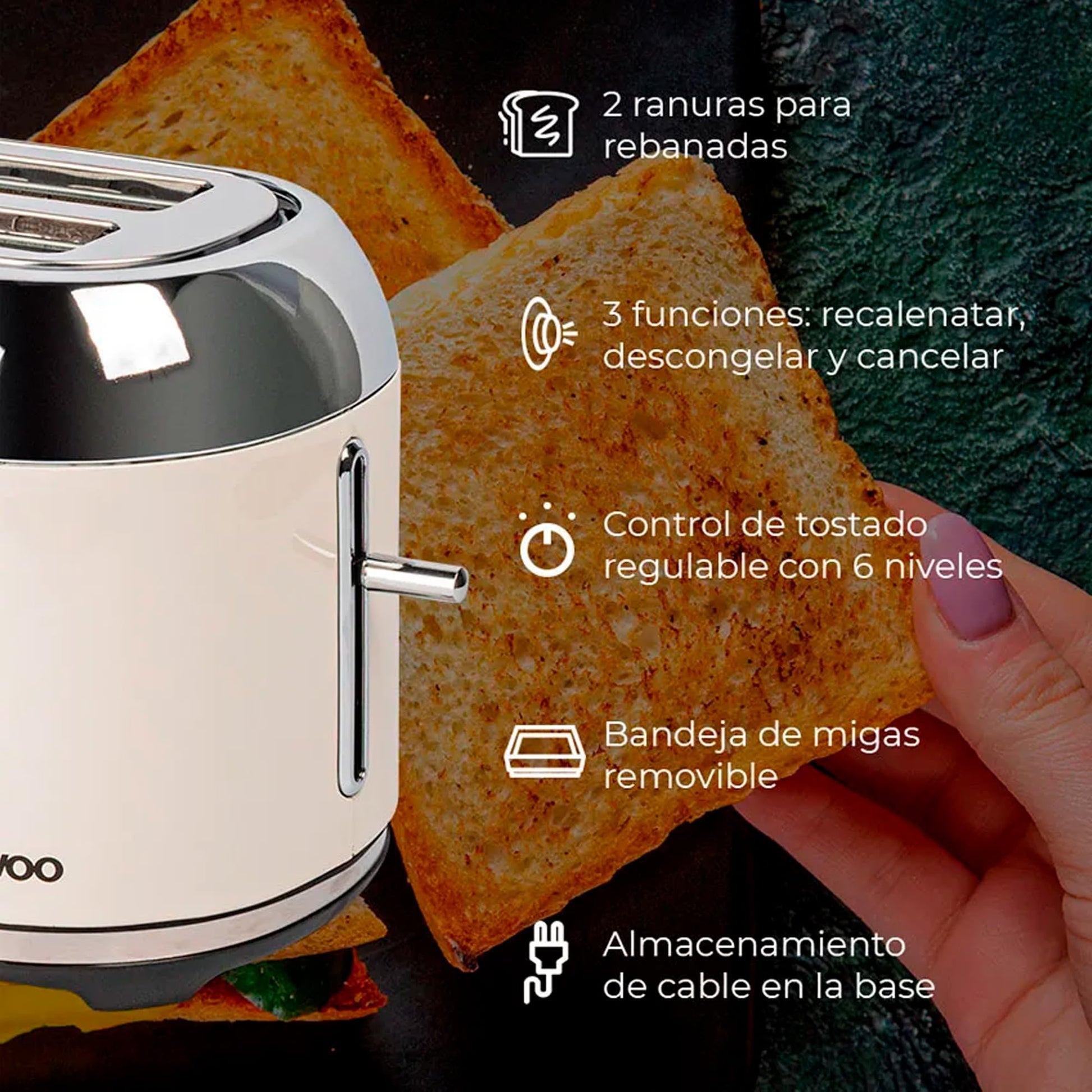 Daewoo Tostador Retro DST-6584 con 2 ranuras, 3 funciones y control de tostado de 6 niveles en color marfil