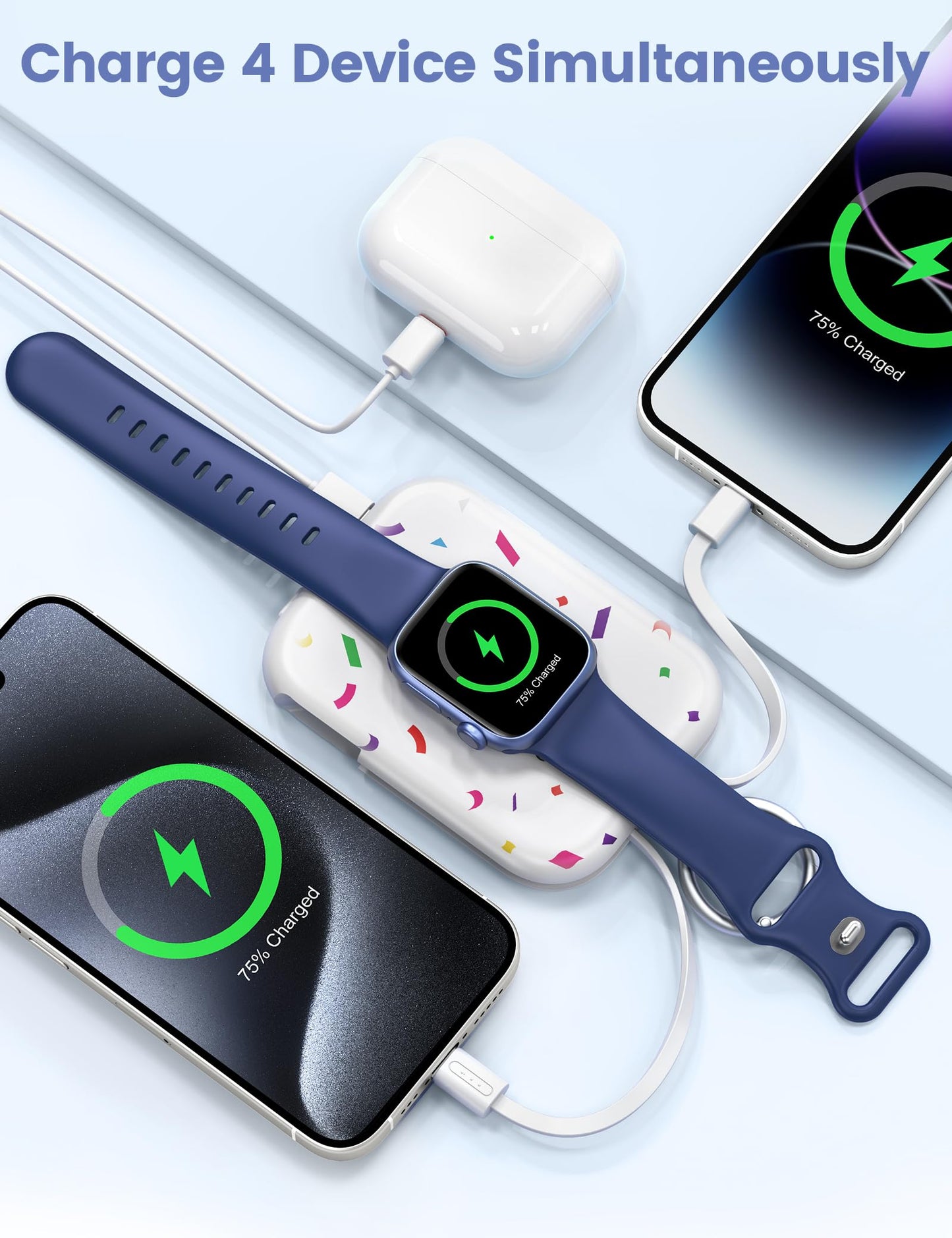 Cargador Portátil RORRY Confetti Blanco con Cables Integrados para Apple Watch e iPhone