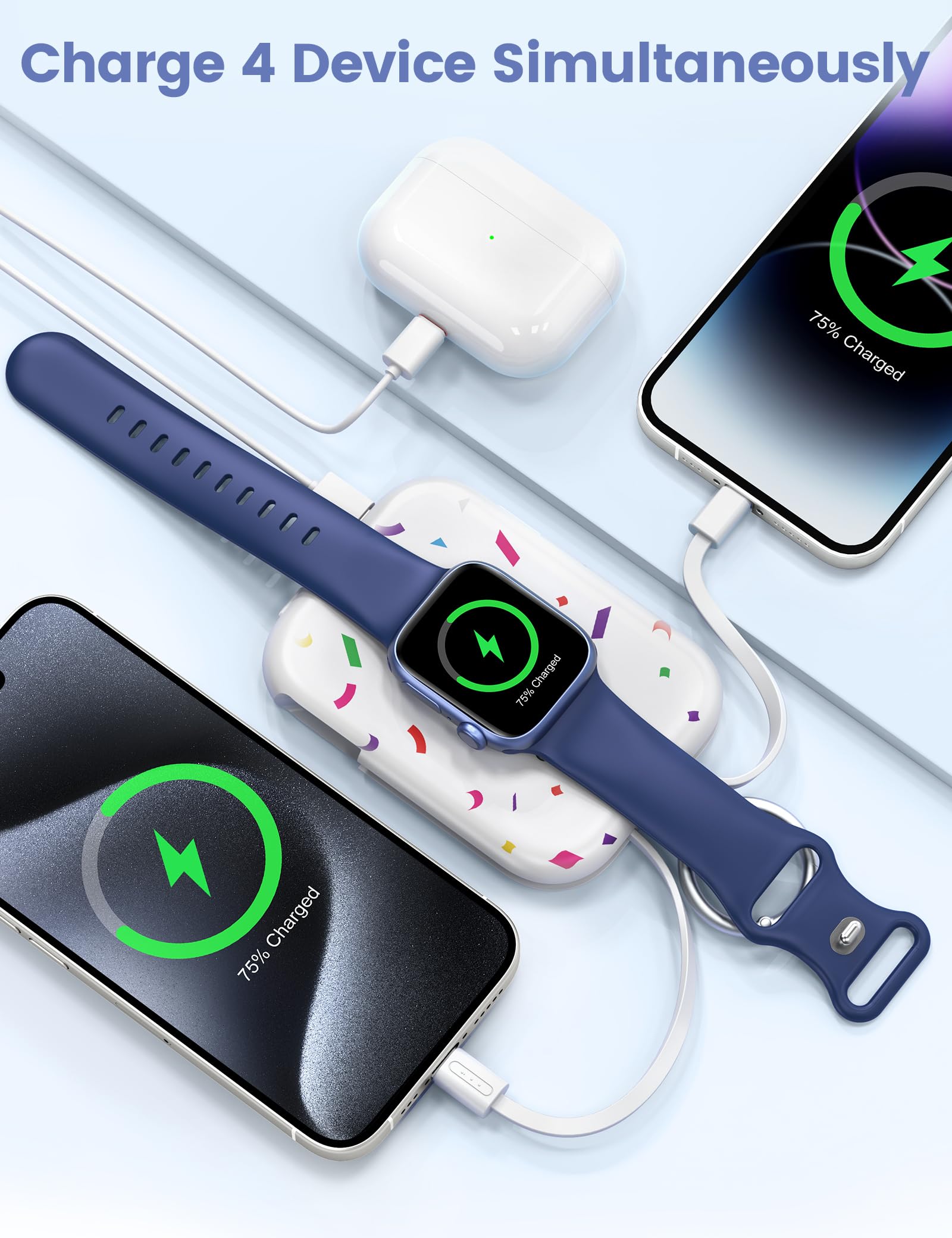 Cargador Portátil RORRY Confetti Blanco con Cables Integrados para Apple Watch e iPhone