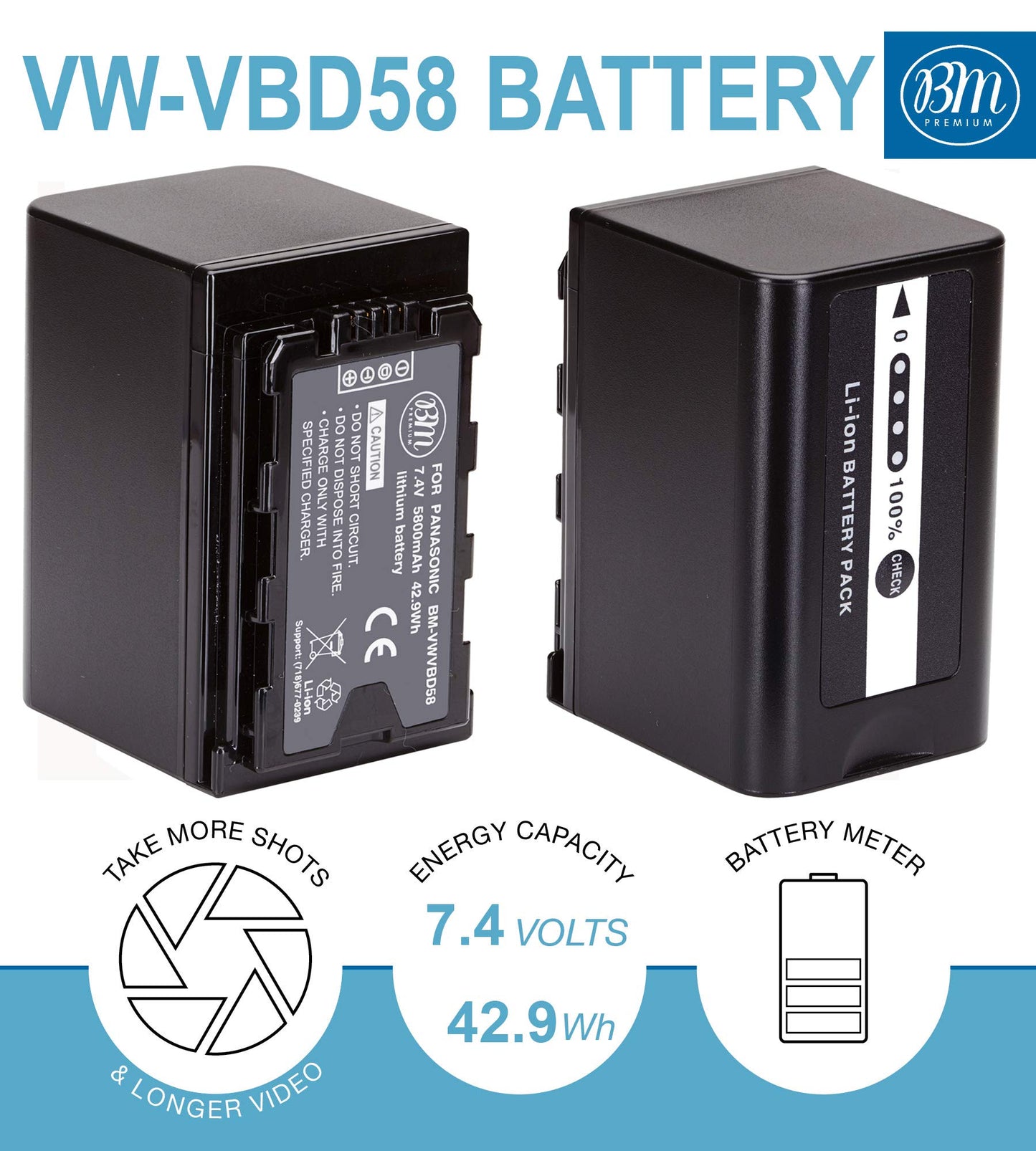 BM Premium VW-VBD58 - Batería y cargador para Panasonic AG-VBR59, BGH1, HC-X1, HC-X1500, HC-X2000, AG-CX10, AG-CX350, AG-UX180, AG-AC30, AG-UX90, AG-DVX200, HC-MDH3E, JJJ700, AJ-PX230 videocámaras