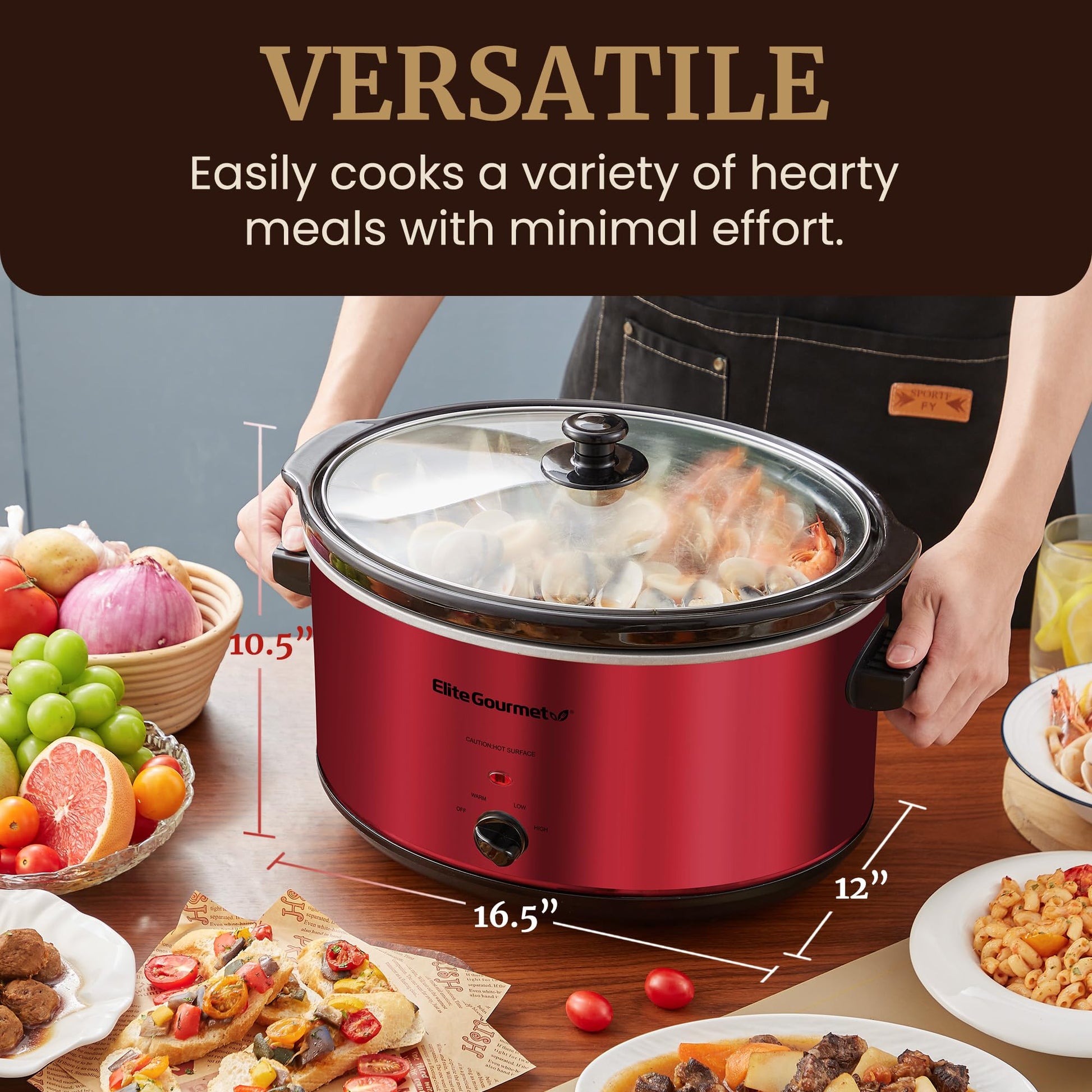 Elite Gourmet MST-900RXT# - Olla lenta de cerámica eléctrica XL, temperatura ajustable, entrantes, salsas, guisos y inmersiones, tapa de vidrio y vajilla aptas para lavaplatos, 8.5 cuartos de galón,