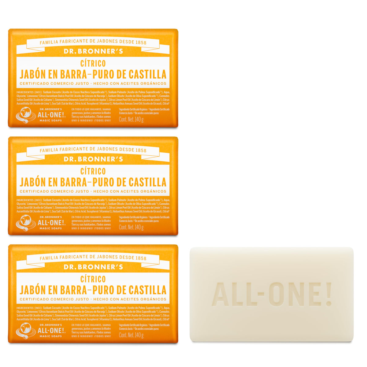 Dr. Bronner's | Jabón de castilla orgánico en barra, fórmula concentrada, antioxidantes naturales y frescura cítrica, con aceite esencial de Cítricos, aroma Cítricos (3 pack)