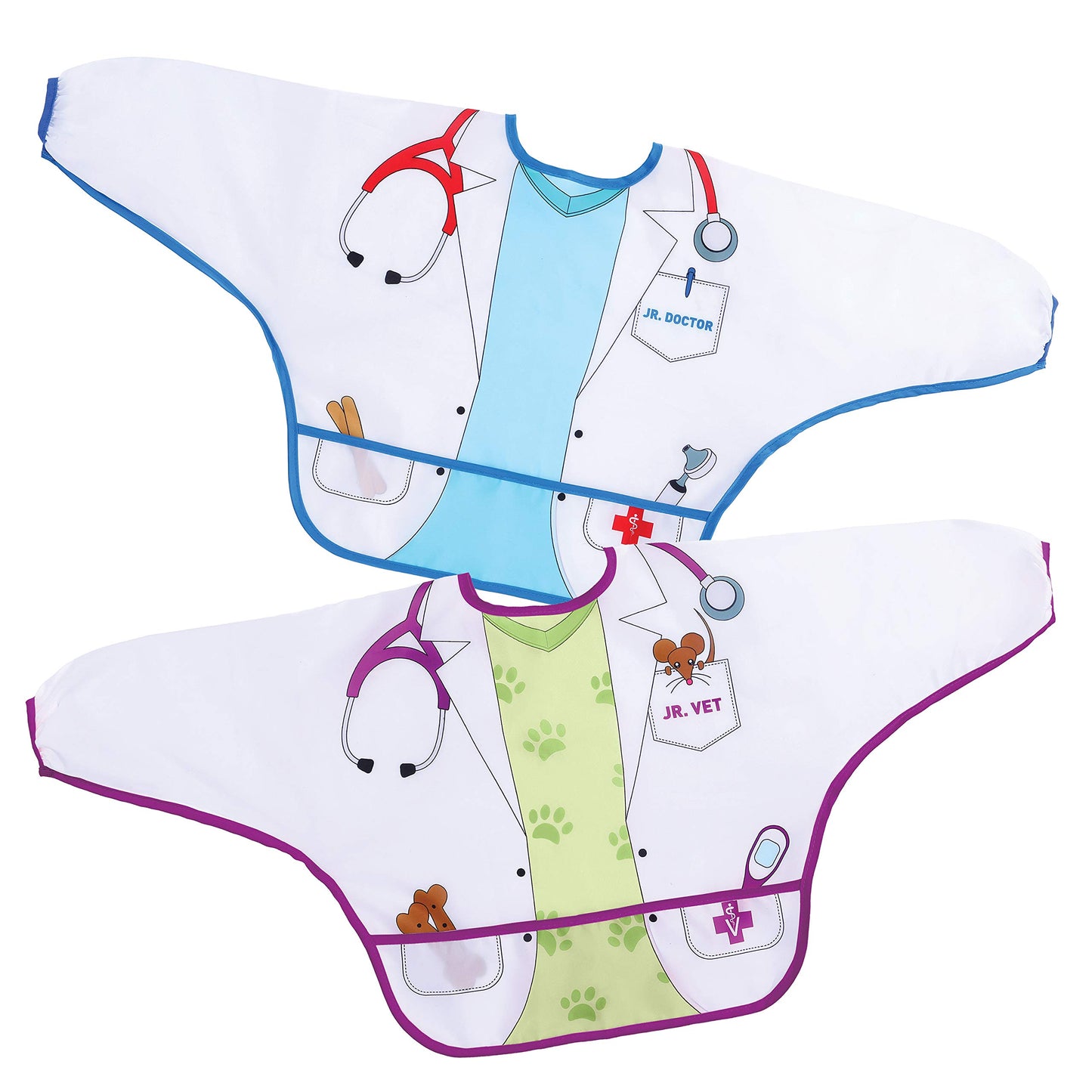 Dreambaby Baberos de personaje: Doctor y Veterinario, 2 piezas, Manga larga, Plástico impermeable fácil de limpiar, con bolsillo, ideal para comer o pintar, niños de 1 a 4 años