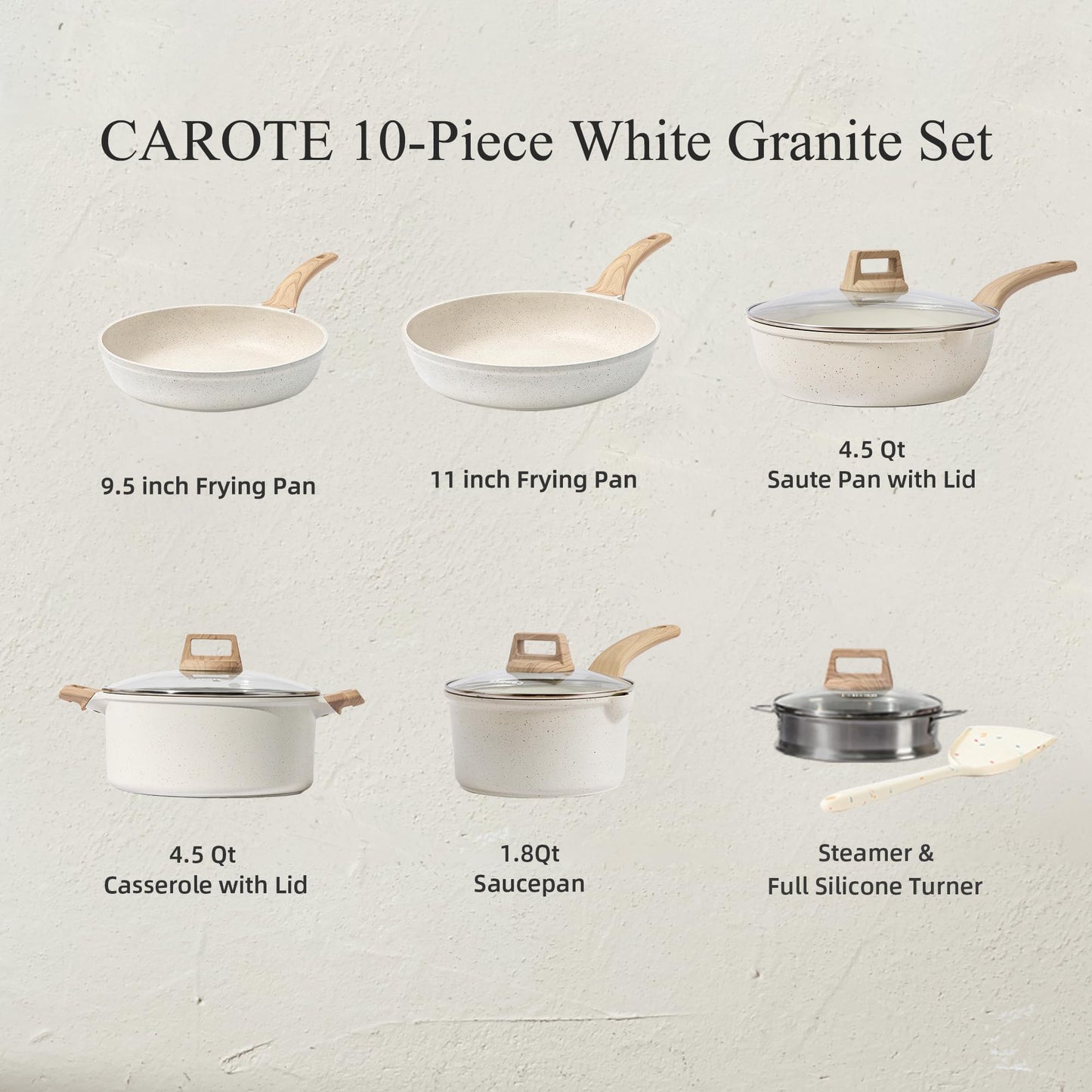 CAROTE Juego de ollas y sartenes antiadherentes, juego de utensilios de cocina de inducción de granito color blanco, 10 piezas con sartenes y cacerolas (PFOS, libre de PFOA)