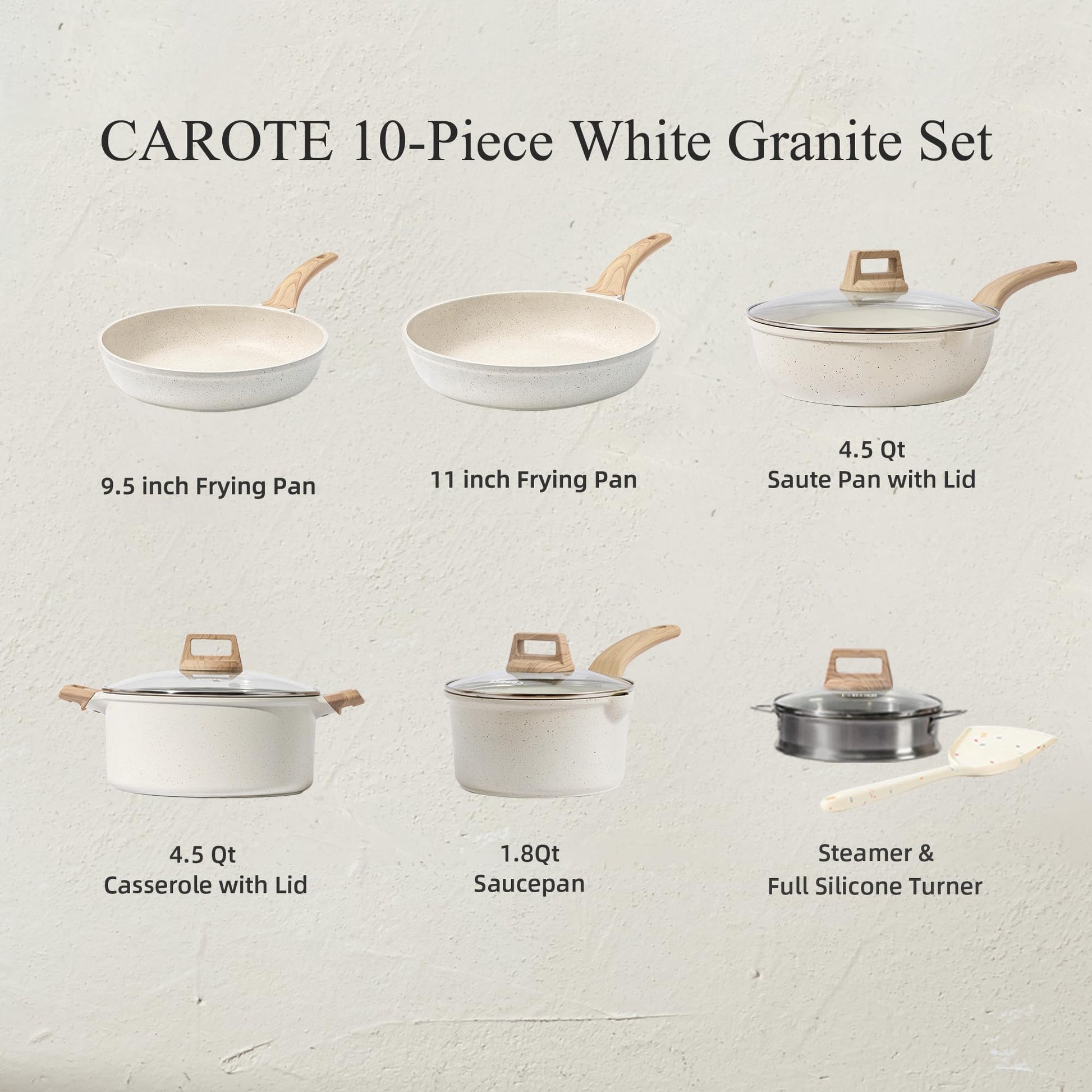CAROTE Juego de ollas y sartenes antiadherentes, juego de utensilios de cocina de inducción de granito color blanco, 10 piezas con sartenes y cacerolas (PFOS, libre de PFOA)