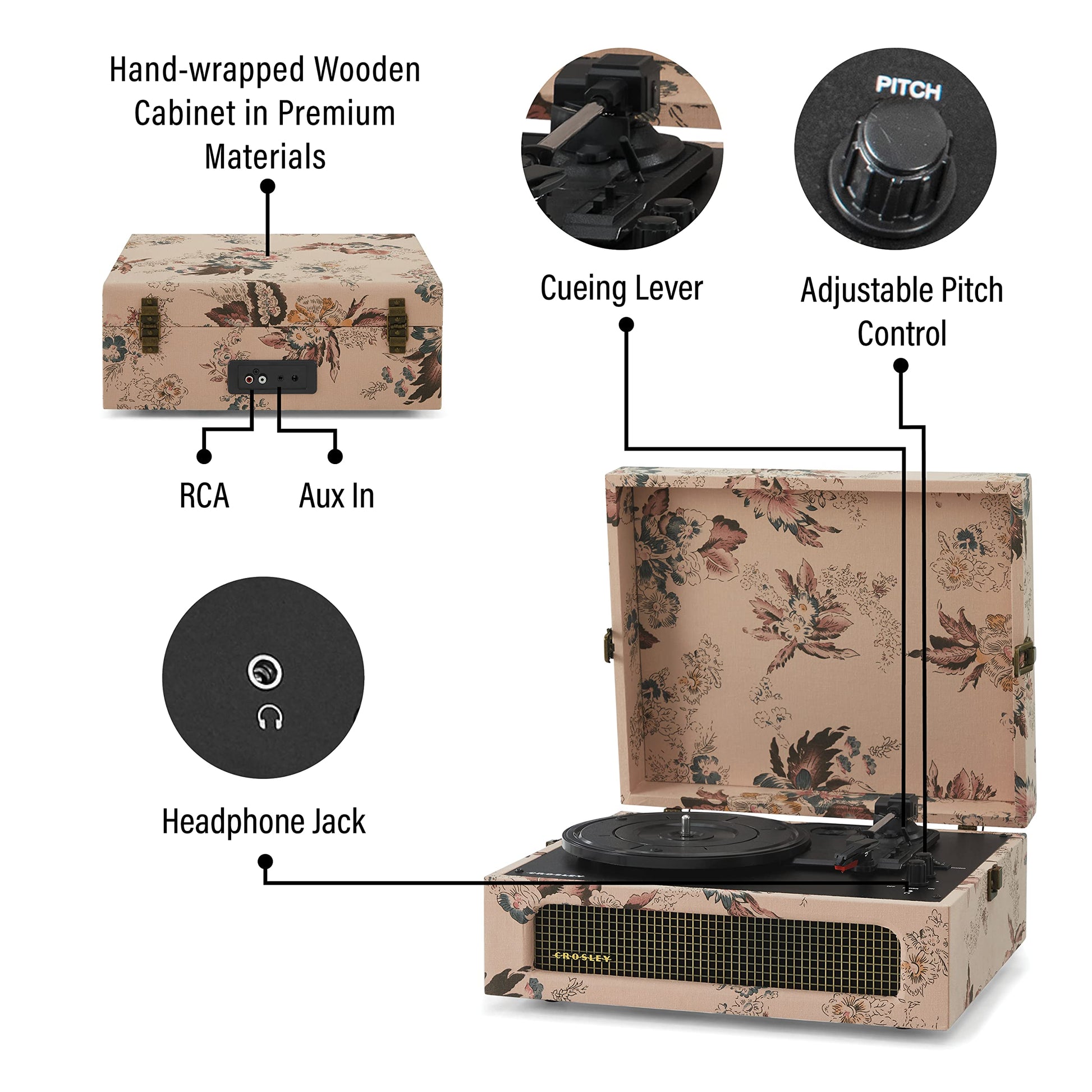 Crosley CR8017B-FL Voyager - Tocadiscos de Vinilo portátil clásico con Entrada y Salida Bluetooth y Altavoces Integrados, Floral