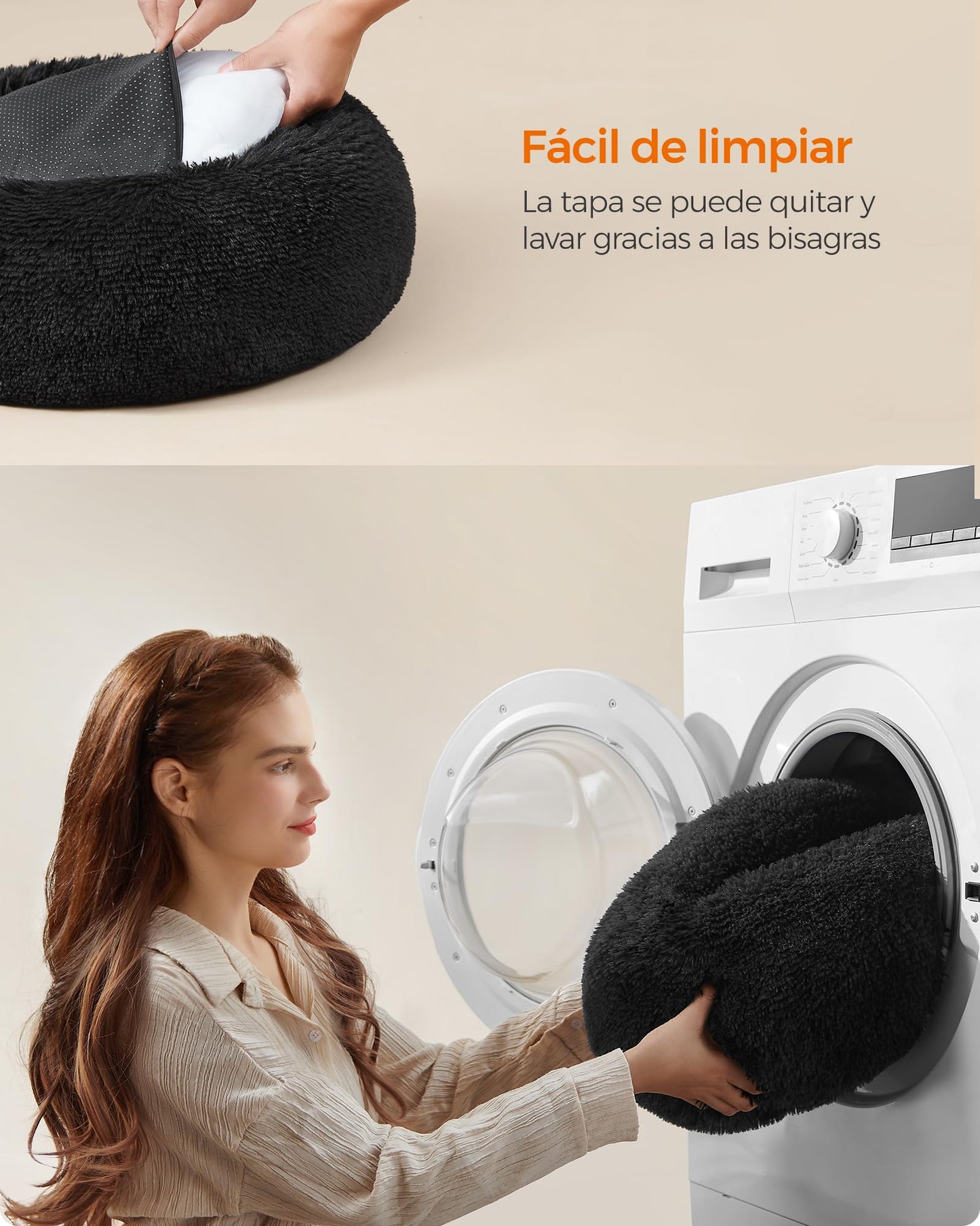 Feandrea Cama de Perros, Cama para Mascotas, Diámetro de 50 cm, Cojín Central Extraíble y Lavable, Alfombra de Felpa, Negro Tinta MPGW037B01