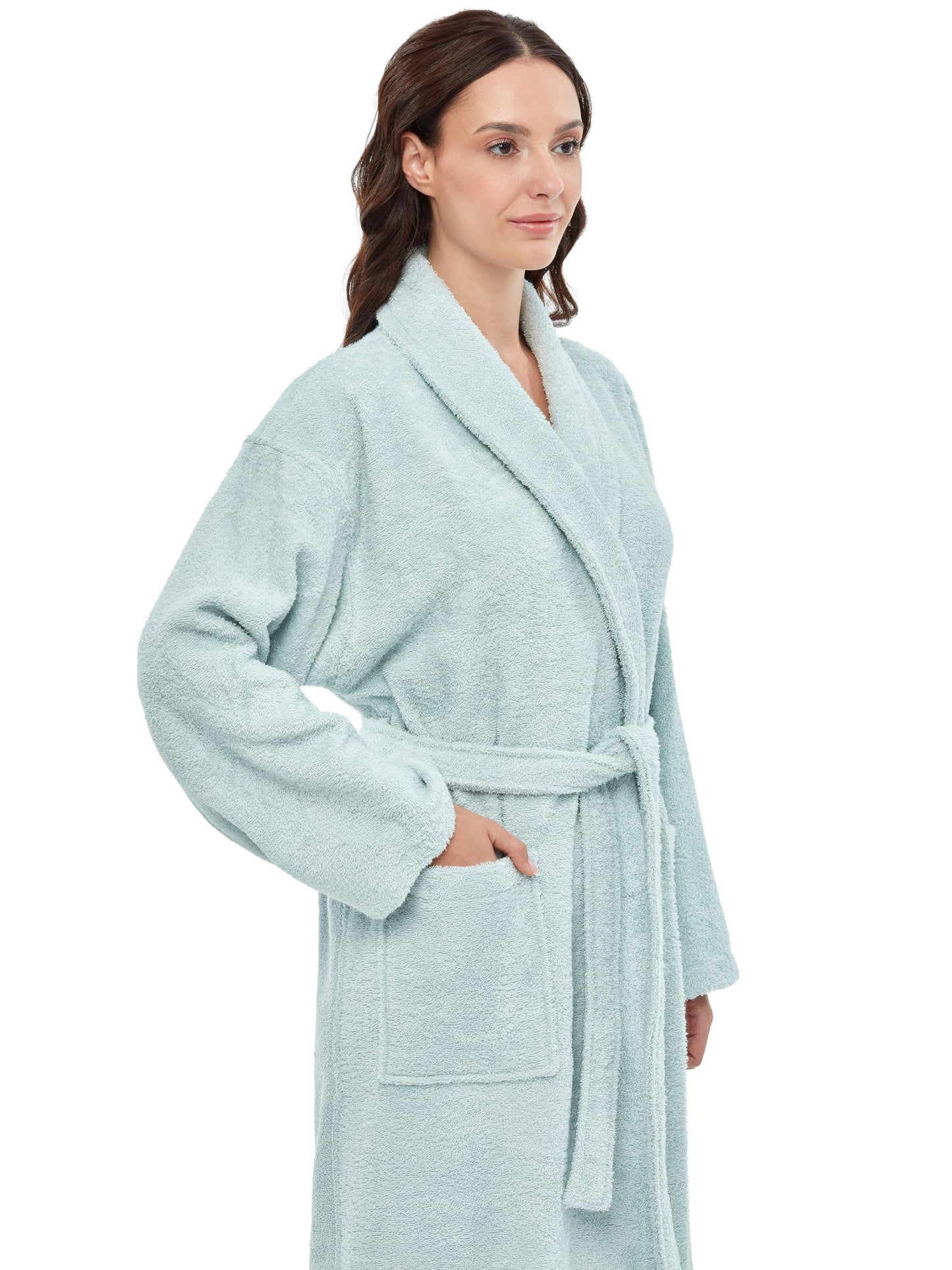 Arus Bata de mujer con cuello chal, bata de baño de algodón turco de felpa, largo hasta el suelo, color verde menta, talla L/XL