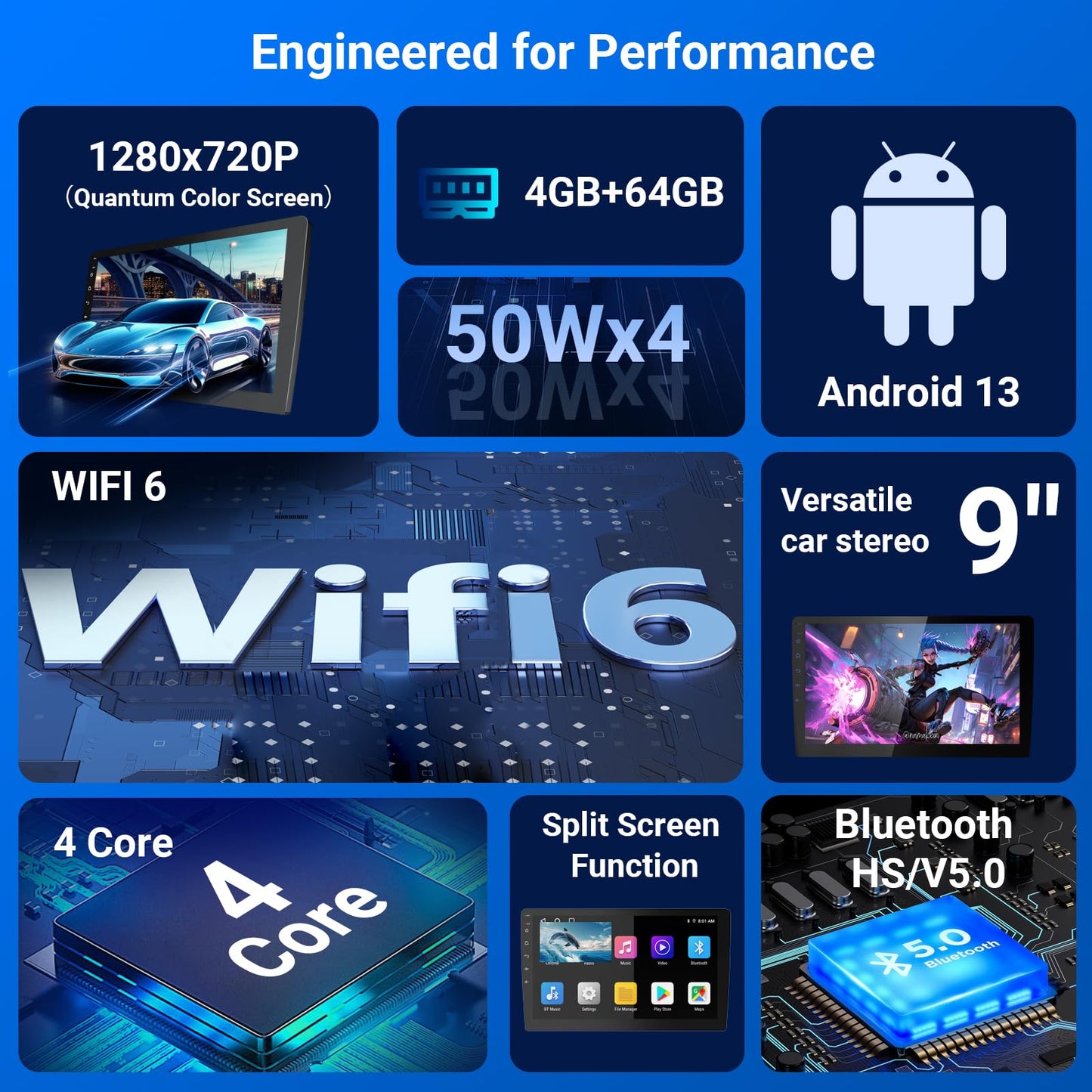 Haudio 9" Wireless Double DIN Car Stereo with Bluetooth, Wireless CarPlay, Android Auto, WiFi 6, 1280 * 720 HD Touchscreen, 4+64GB Storage,Backup Camera, GPS，Pro Sound Quality, FM/Am