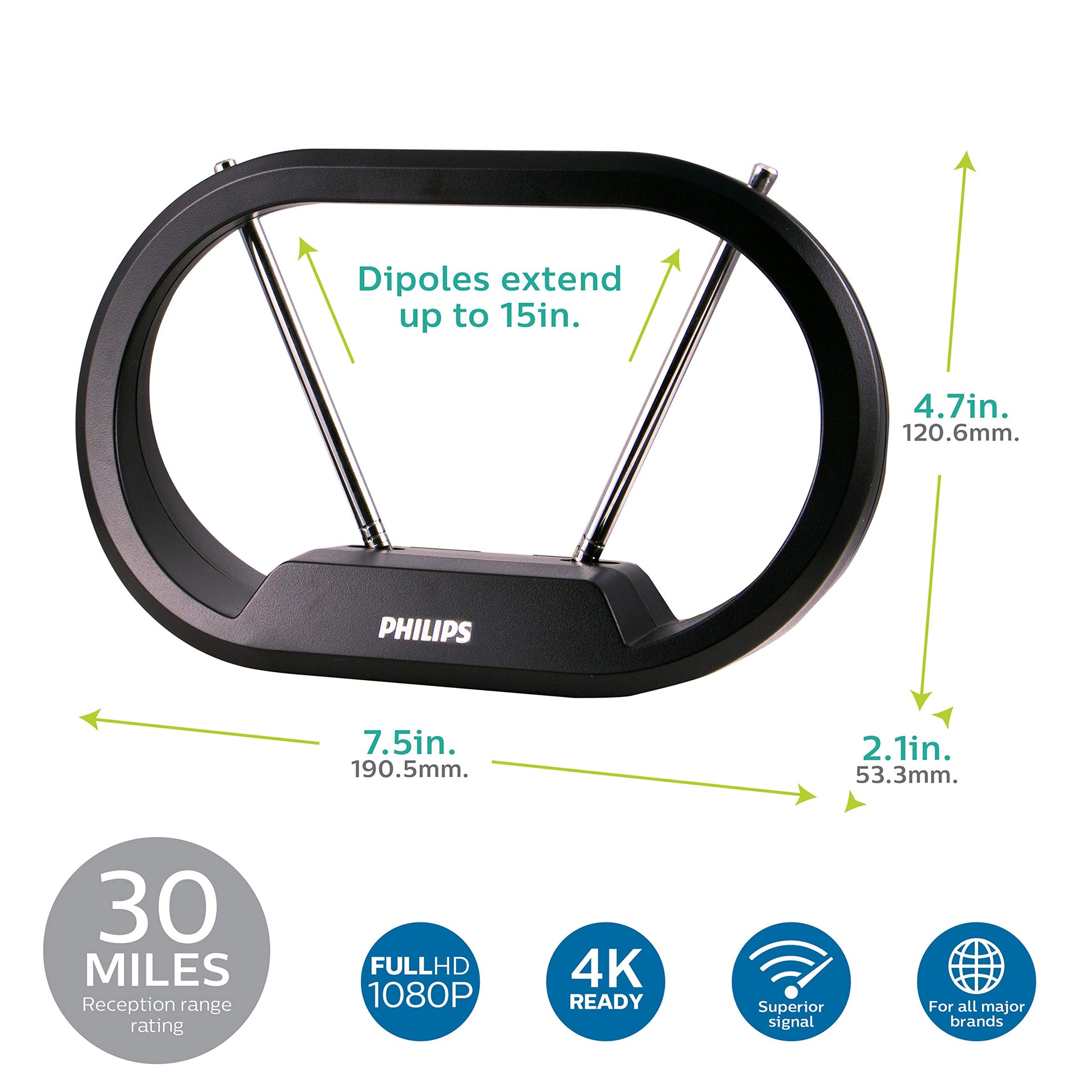 PHILIPS Modern Loop Rabbit Ears Antena de TV para Interiores, dipolos Extensibles de 15 Pulgadas, 4K 1080P VHF UHF, Escritorio, HDTV Digital, Cable coaxial de 4 pies, Negro, SDV7114A / 27