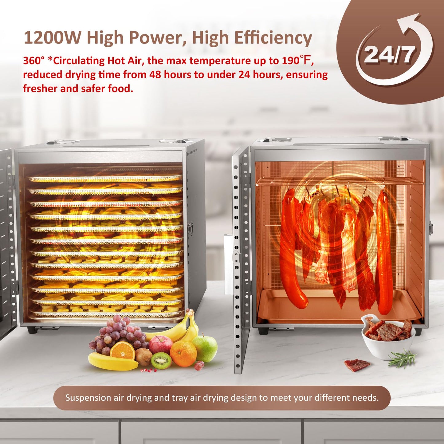 Ausegia Commercial - Deshidratador de alimentos de 12 bandejas grandes, área de uso de hasta 22.67 pies cuadrados, secadora de acero inoxidable completo de 1200 W, temperatura de hasta 180 °F, para