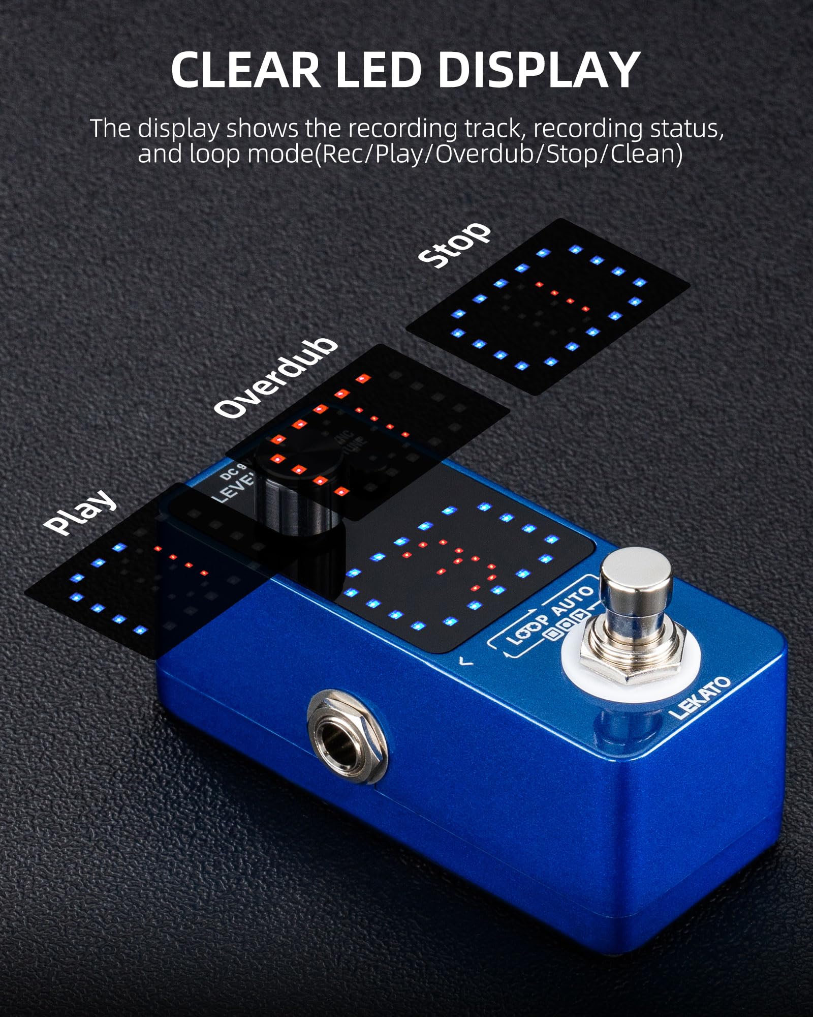 LEKATO - Pedal para guitarra con adaptador de fuente de alimentación de pedal de bucle de 9 V 0.6 A, pedal de bucle de efecto con función SYNC y sintonizador para guitarra eléctrica, 3 bucles, 18