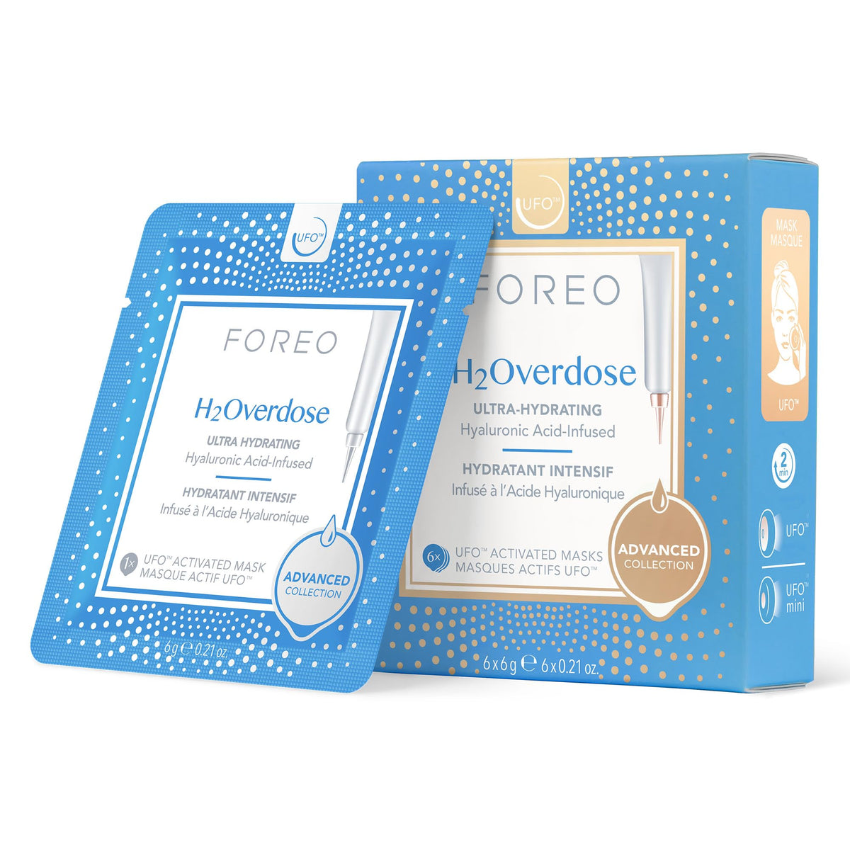 Foreo Máscara Facial H2Overdose Advanced Collection 2.0 UFO-Activated Hidratante con Ácido Hialurónico y Vitamina E para Todo Tipo de Piel Seca y Escamosa 6 U por Paq