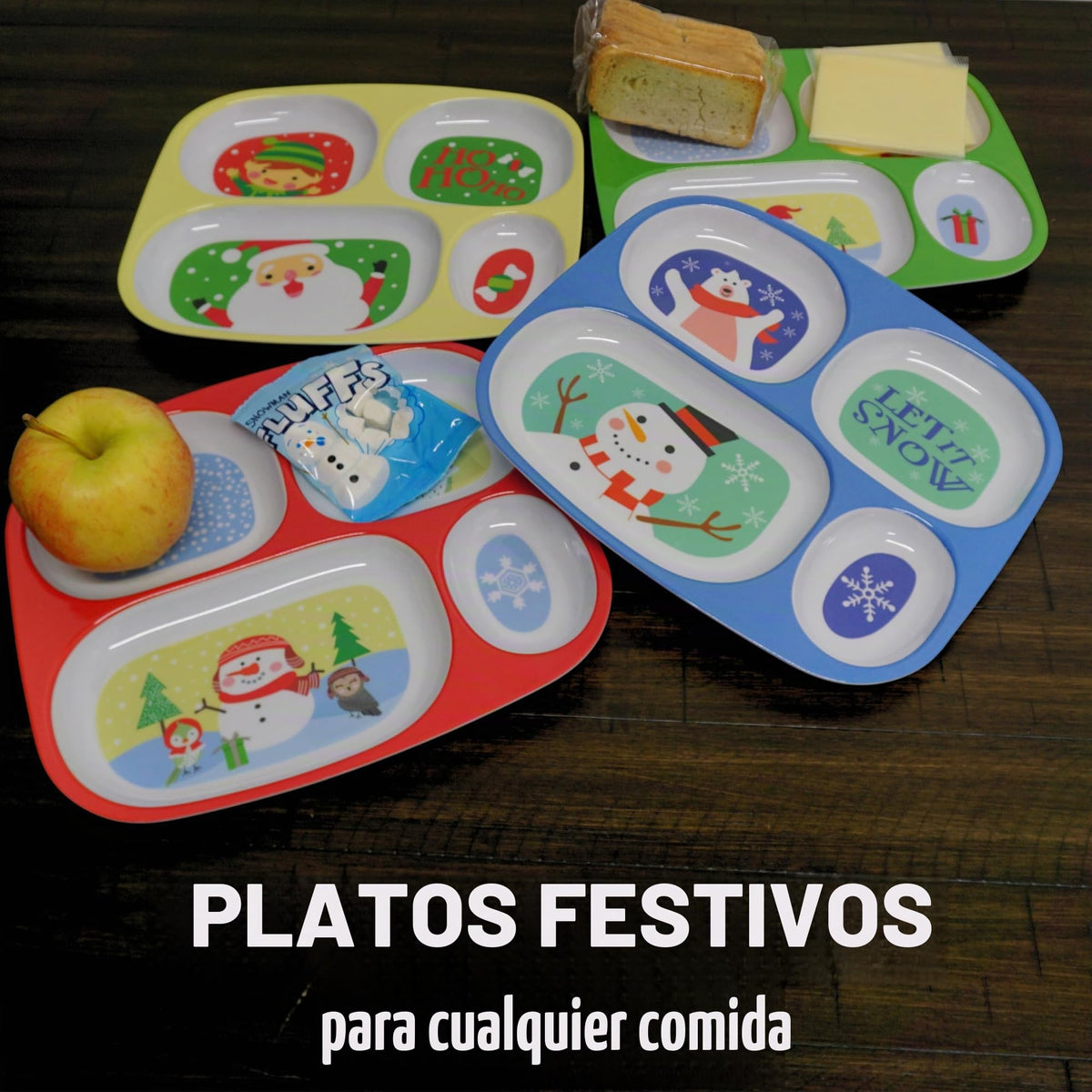 4E's Novelty - Vajilla de Navidad dividida para niños (juego de 4) Platos de cena de plástico de melamina sin BPA seccionales, platos de Navidad para niños pequeños