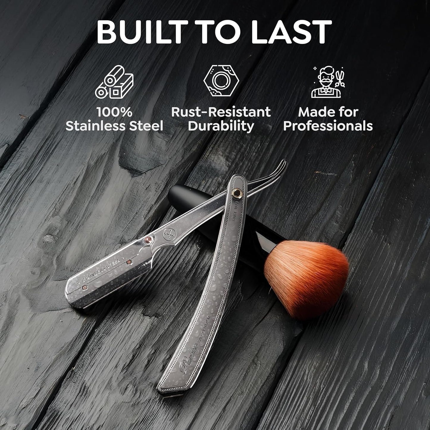 Parker SRX - Maquinilla de afeitar profesional de borde recto 100% acero inoxidable para hombres y 5 cuchillas Parker de borde recto premium – Diseñado para barberías y salas de afeitar