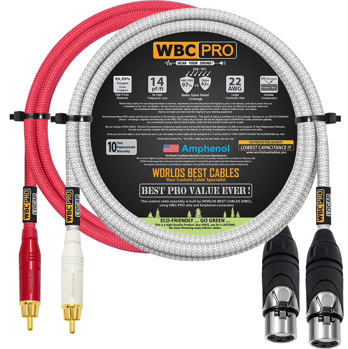 Cables Interconexión RCA a XLR Hembra WBC-PRO-LOCAP 3 Pies Baja Capacitancia 22 AWG Ultra Silencioso Audio Profesional