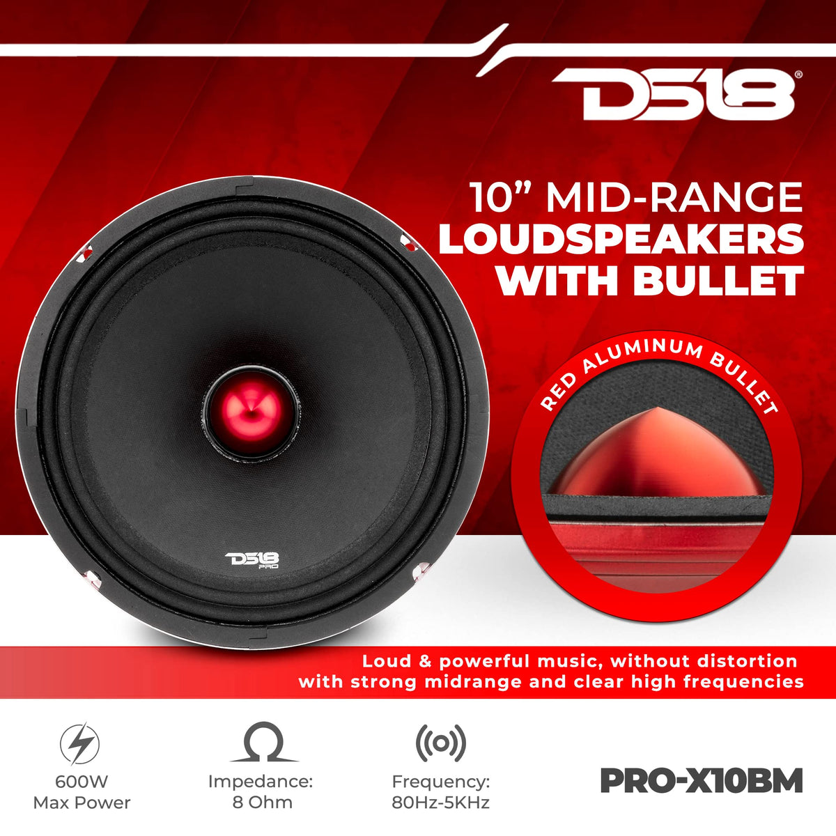 Altavoz Midrange DS18 Pro Rojo con Potencia Máxima Bullet