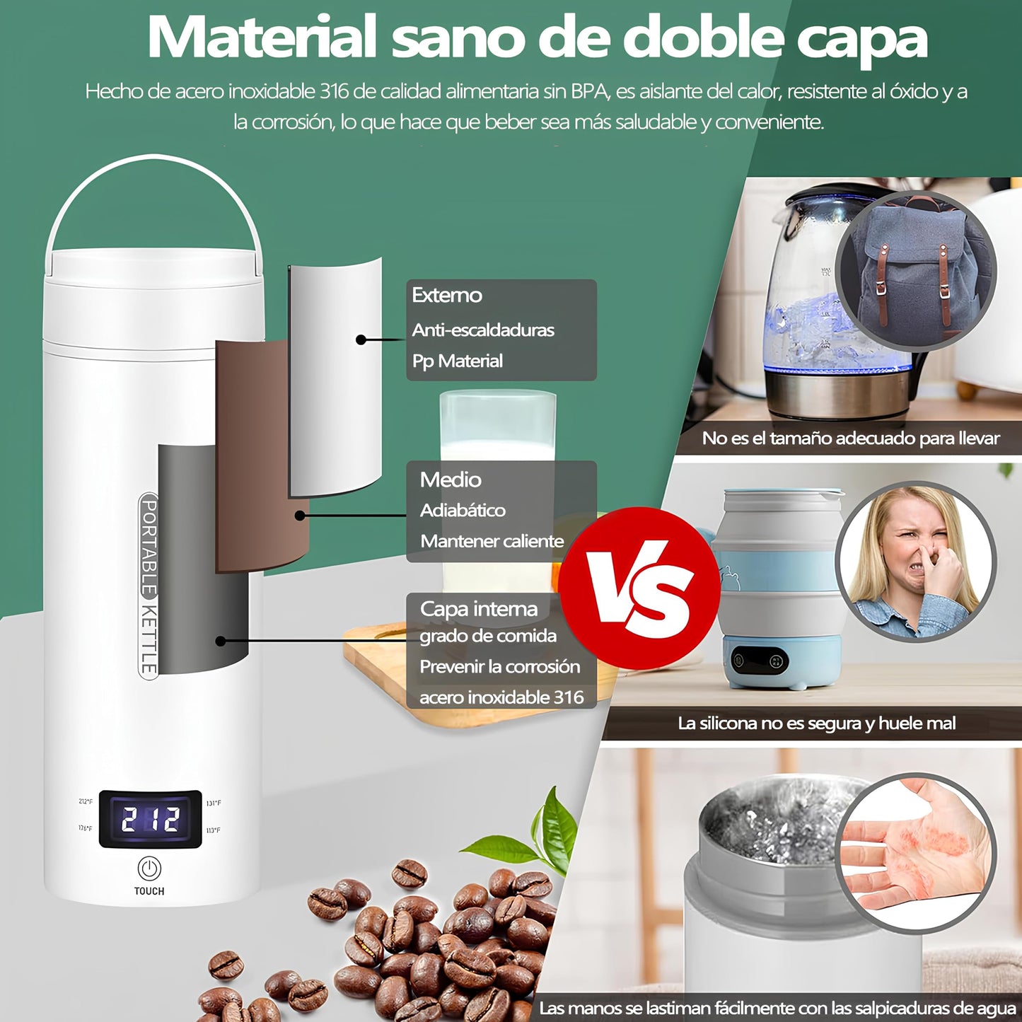 Hervidor de Agua Electrico Portatil,500ML Termo Electrico,Control de Temperatura NTC y Protección contra quemaduras en seco,Adecuado para viajes, oficina, camping, preparación de té y café.