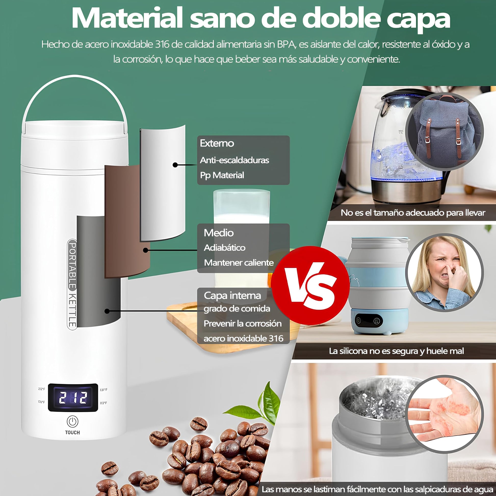 Hervidor de Agua Electrico Portatil,500ML Termo Electrico,Control de Temperatura NTC y Protección contra quemaduras en seco,Adecuado para viajes, oficina, camping, preparación de té y café.