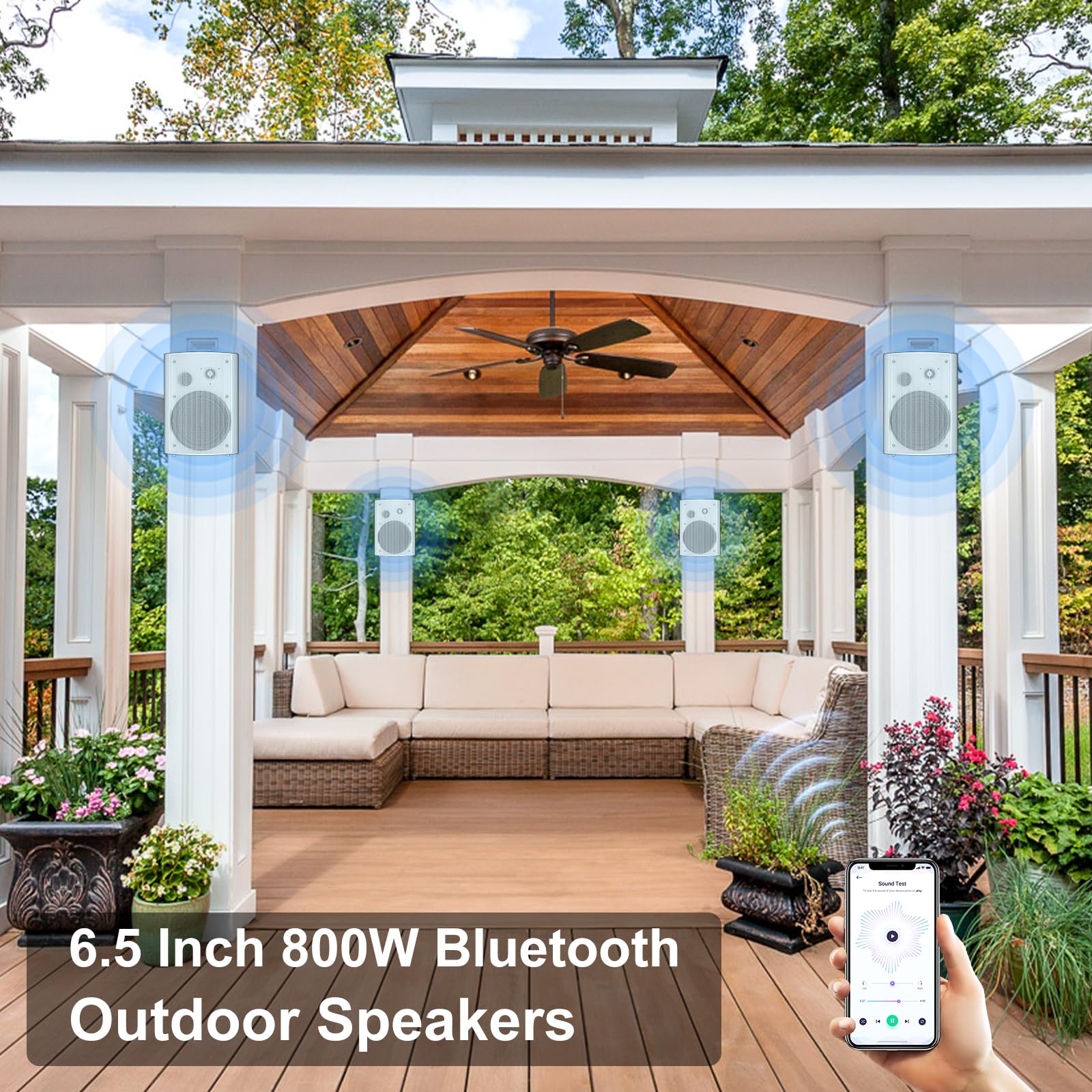 STUDIOFINIX 800W 6.5 Inch Bluetooth Altavoces de Exterior con Amplificador Multifuncional Sistema de Altavoces de Pared Resistente a la Intemperie para Patio Jardín Piscina Casa (4 Altavoces)
