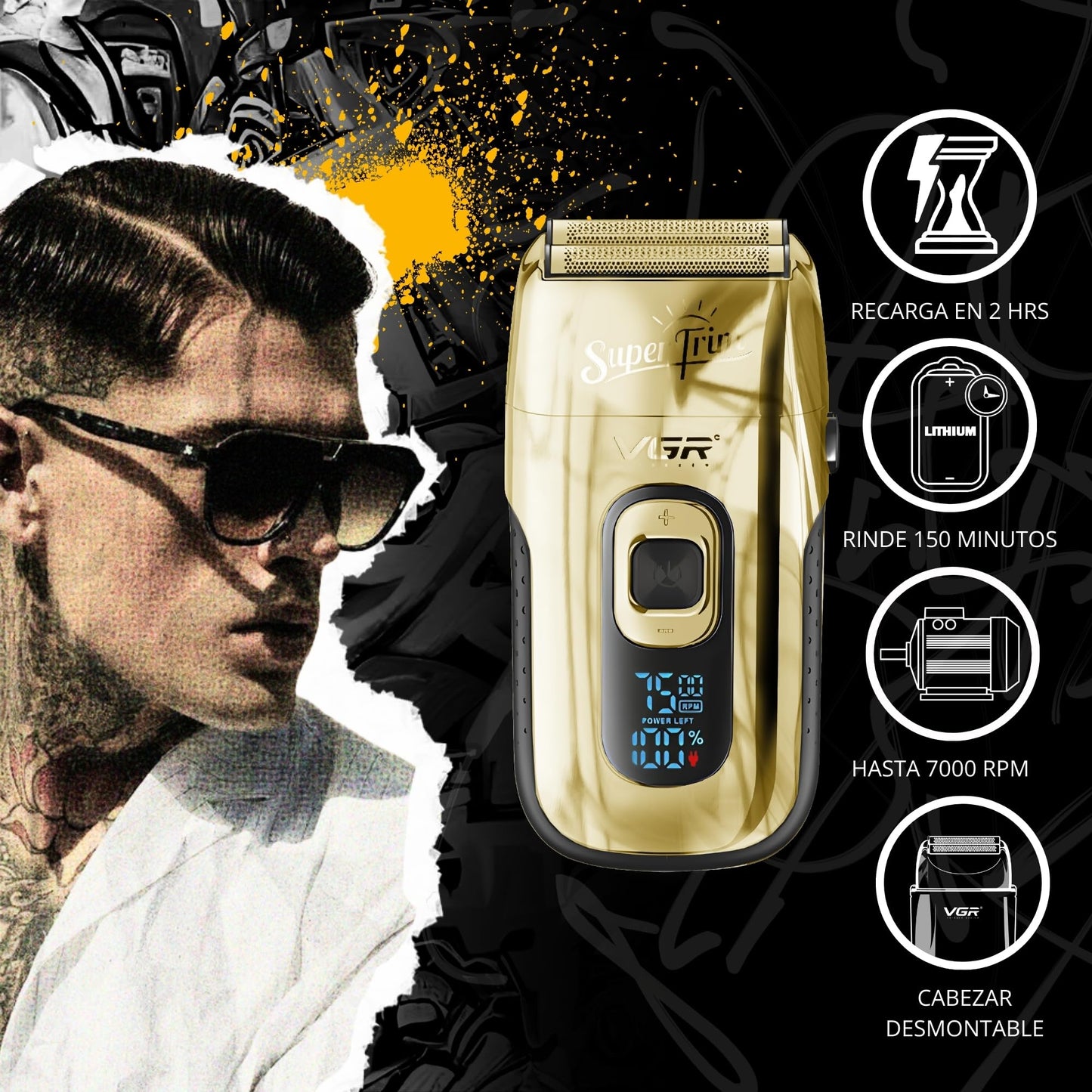 Rasuradora para Hombre Shaver Trimmer VGR V-332, Profesional, Maquina para Cortar Cabello, Barba y Patillas Inalámbrica, Recargable (Dorado)