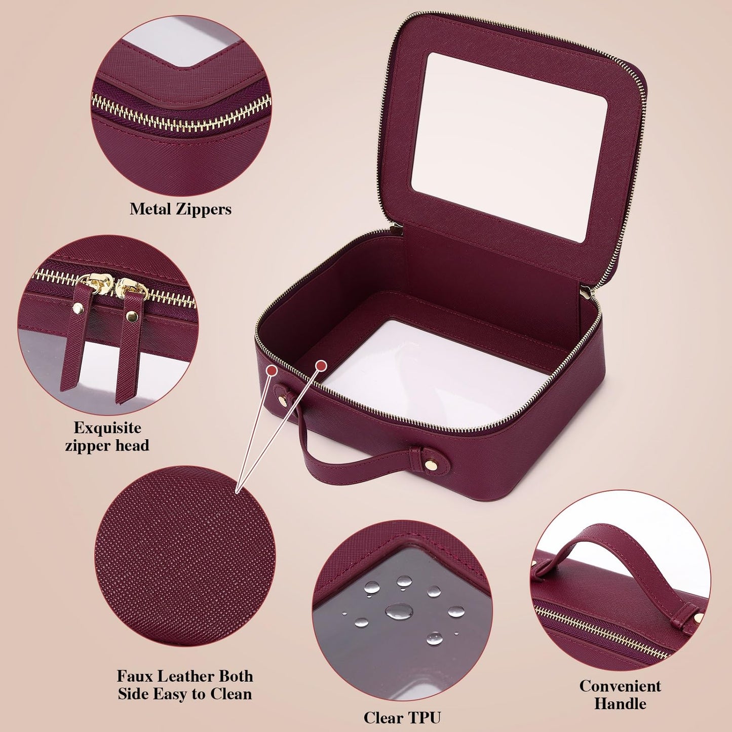Pinkmik - Bolsa de maquillaje transparente con bolsa para brochas, 2 unidades, impermeable, para cosméticos y artículos de cambiador, organizador de cosméticos para mujer con cierre, X/Borgoña, L+SLIM