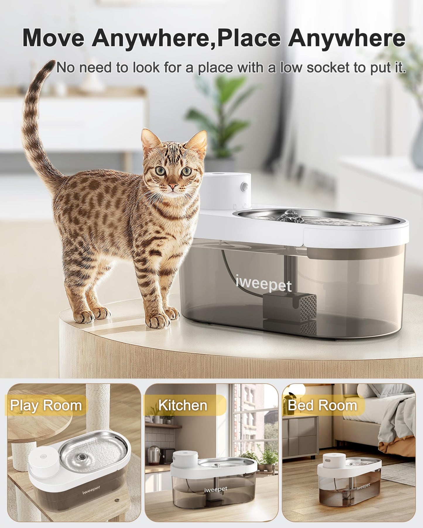 iweepet Fuente de agua para gatos inalámbrica y ultra silenciosa de acero inoxidable, fuente para mascotas que funciona con batería de 5000 AMH con 3 modos de flujo, fuente de agua de gran capacidad d