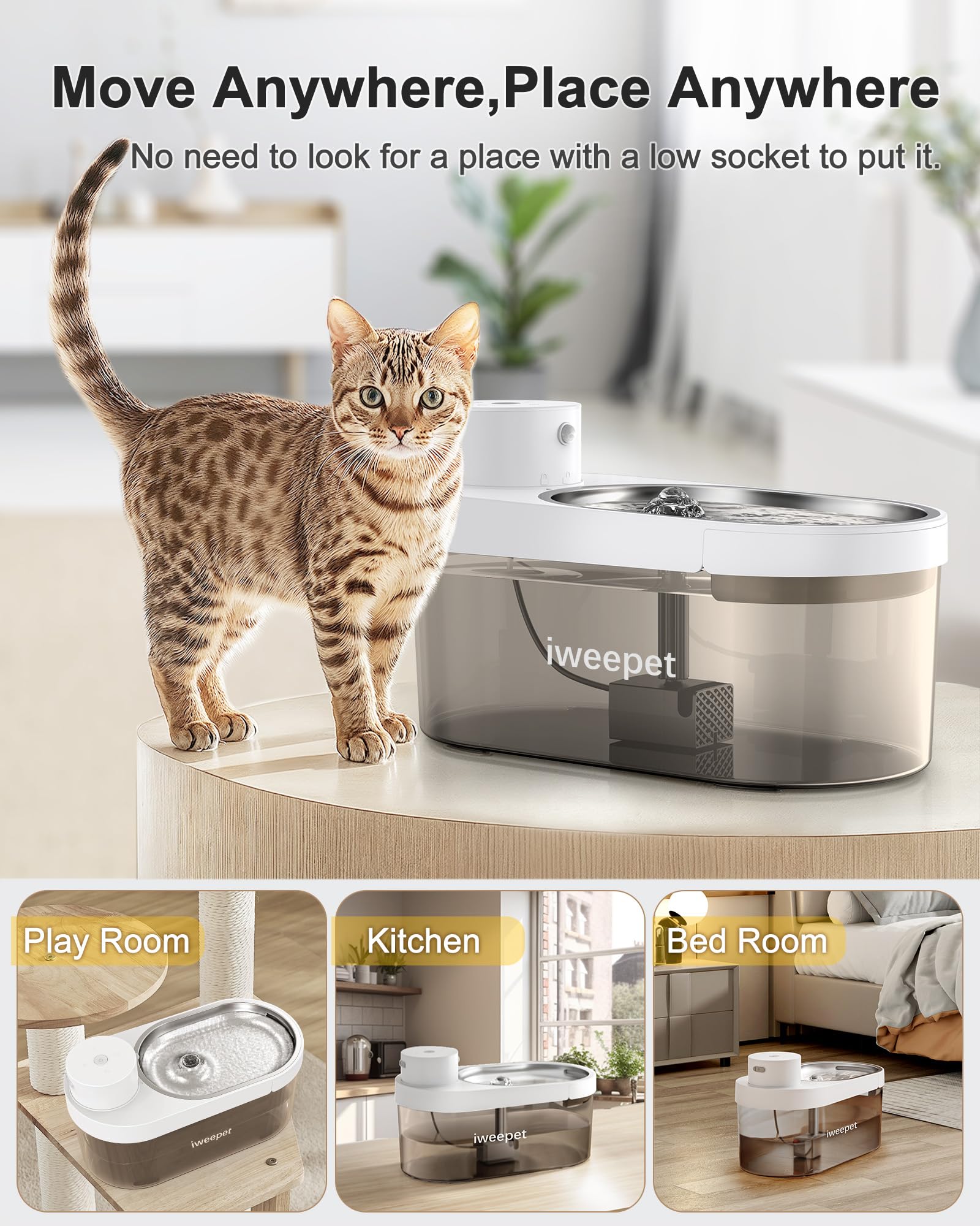iweepet Fuente de agua para gatos inalámbrica y ultra silenciosa de acero inoxidable, fuente para mascotas que funciona con batería de 5000 AMH con 3 modos de flujo, fuente de agua de gran capacidad d