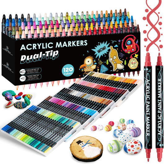 CROSPIN 120 Colores Plumones Acrilicos Doble Punta, Rotuladores de Pintura Acrílica, Marcadores Acrilicos de Pintura Premium para Pintura Vidrio, Tela, Kit de Calabazas, Manualidades Diy, Zapato