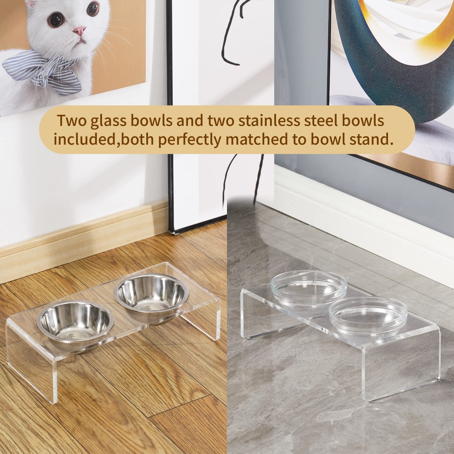 Cuencos elevados de acrílico para perros y gatos, comedero para mascotas, soporte elevado doble viene con 2 cuencos de vidrio extraíbles y 2 cuencos de acero inoxidable. Perfecto para gatos, cachorros y perros pequeños