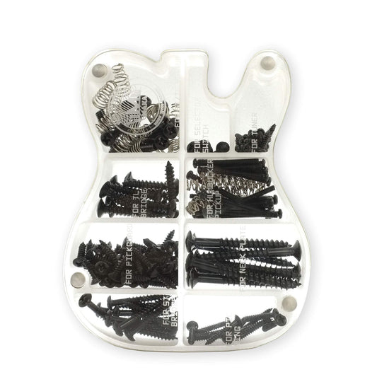 MAKA - Juego de tornillos para guitarra con caja de almacenamiento acrílica personalizada para puente de guitarra eléctrica, pastilla, golpeador, afinador, interruptor, placa de cuello, con resortes,