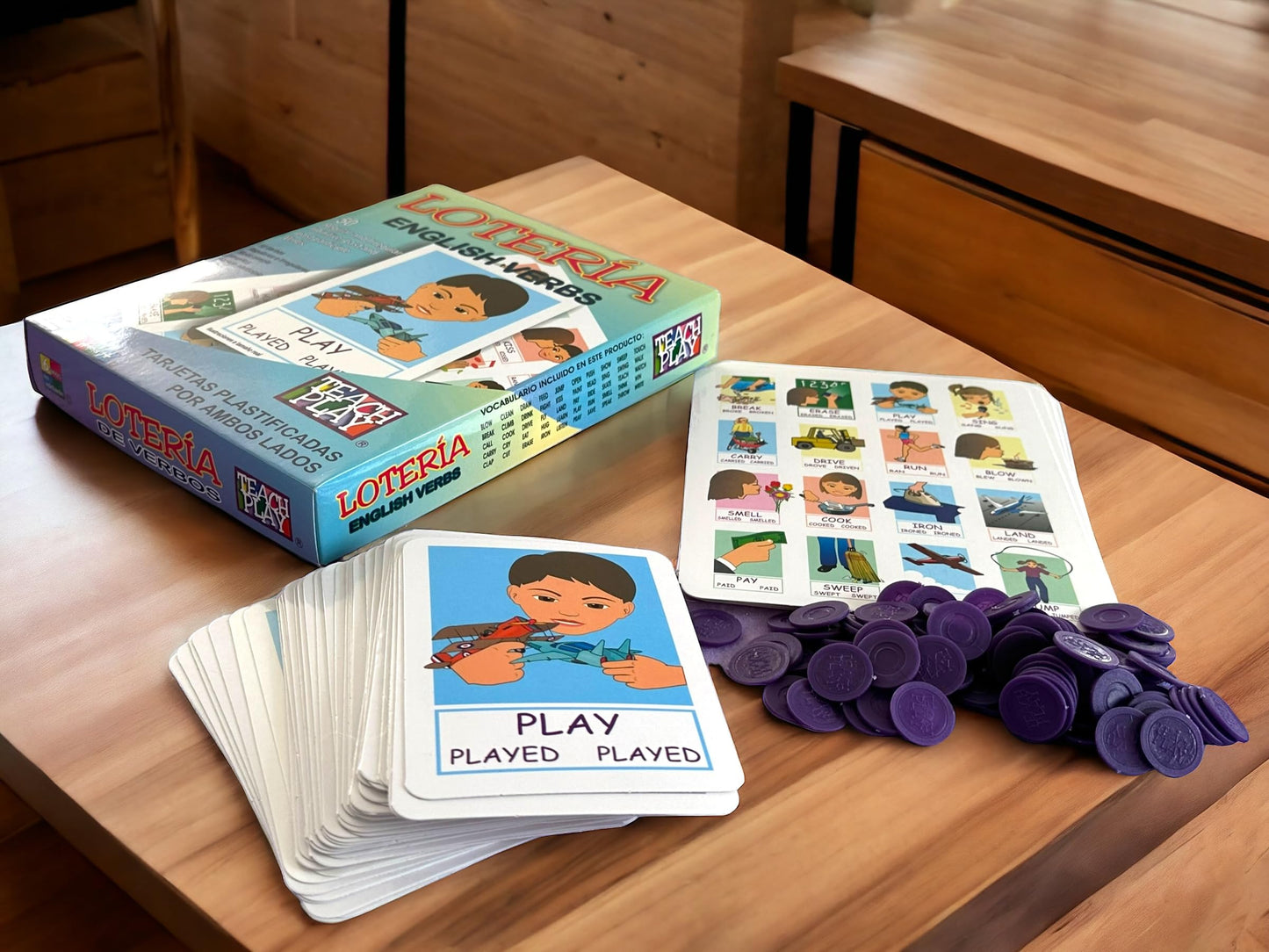 Juego Lotería Didáctica Teach Play Azul con Verbos en Inglés para Niños y Adolescentes