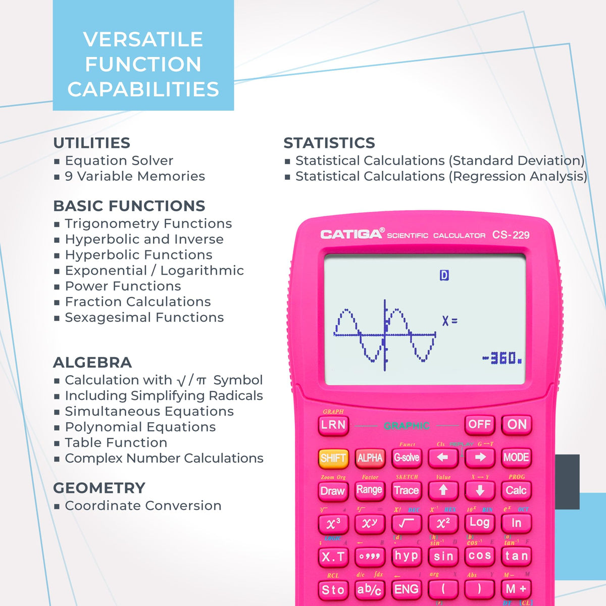 Calculadora Científica CATIGA CS-229 Negra con Funciones Gráficas para Institutos y Universidades