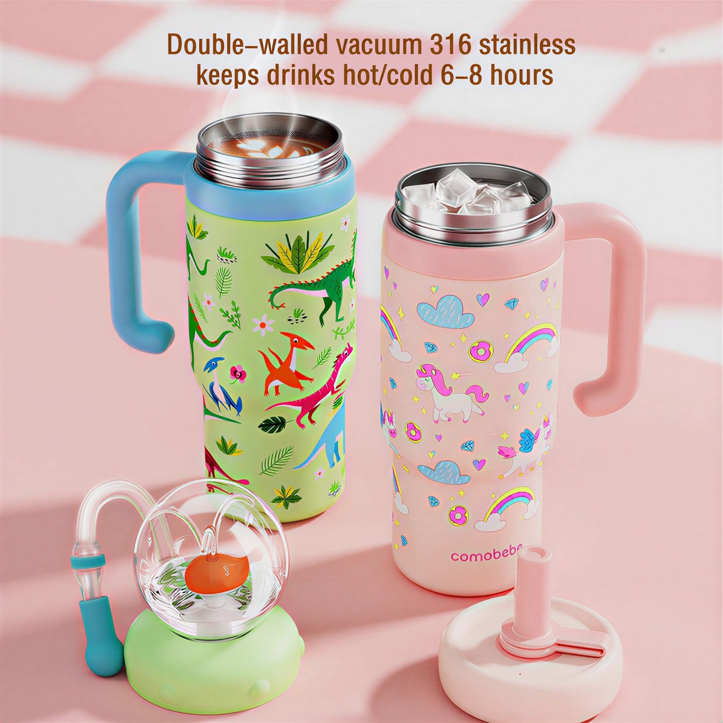 RUNSUNTUN Taza de viaje con forma de ballena aislada, taza de 710 mililitros de acero inoxidable con asa, taza con pajita a prueba de fugas, modelo 2025 - Lavable. Adecuada para niños, adolescentes y
