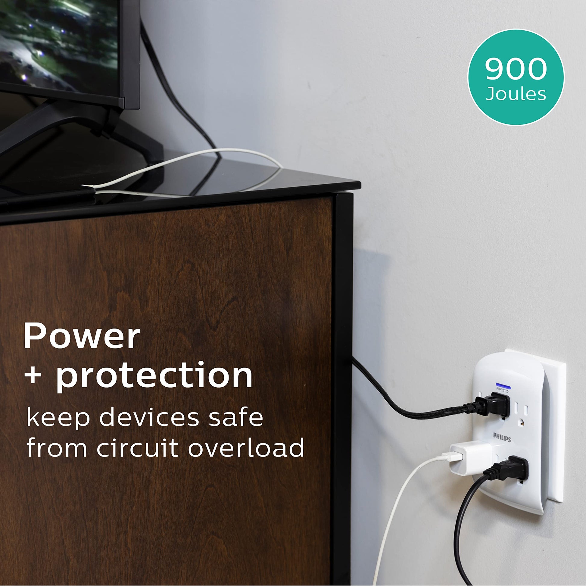 Multicontacto Philips Blanco con Supresor de Picos de 900 Julios y Luz LED Indicadora de Protección