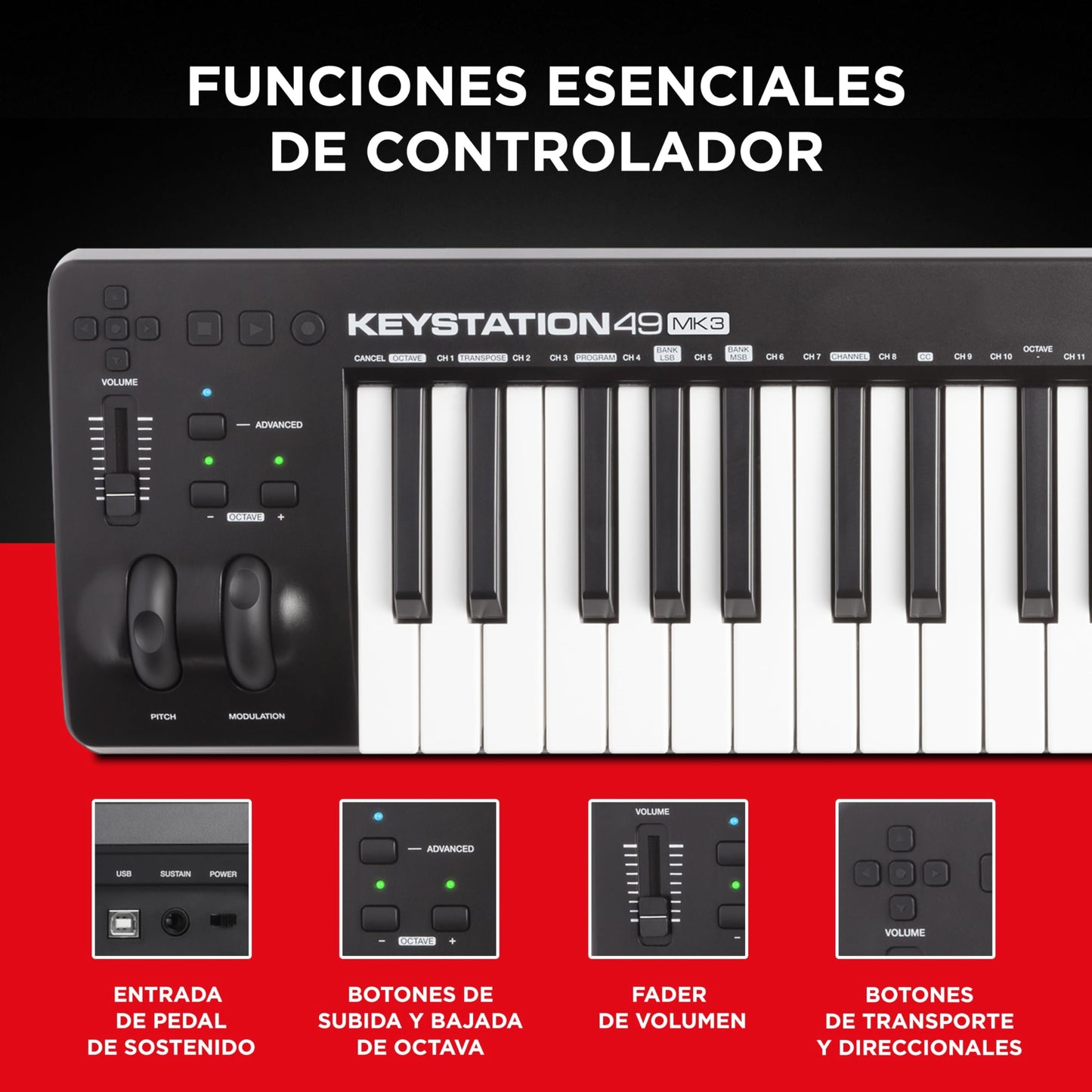 M-Audio Keystation 49 MK3 - Controlador MIDI USB con teclado de 49 teclas, controles asignables, ruedas de pitch/modulación, suite de software