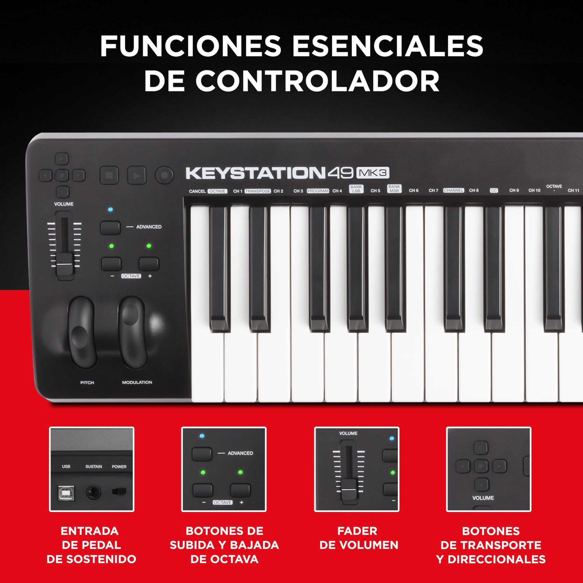 M-Audio Keystation 49 MK3 - Controlador MIDI USB con teclado de 49 teclas, controles asignables, ruedas de pitch/modulación, suite de software