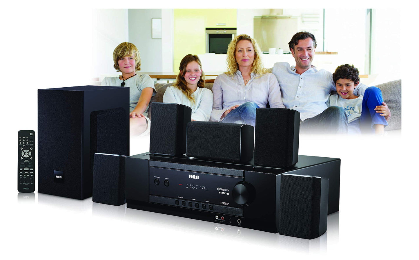 Sistema de Cine en Casa RCA Negro Sonido Envolvente Digital 5.1 1000 Vatios Con Receptor de Audio Bluetooth y USB