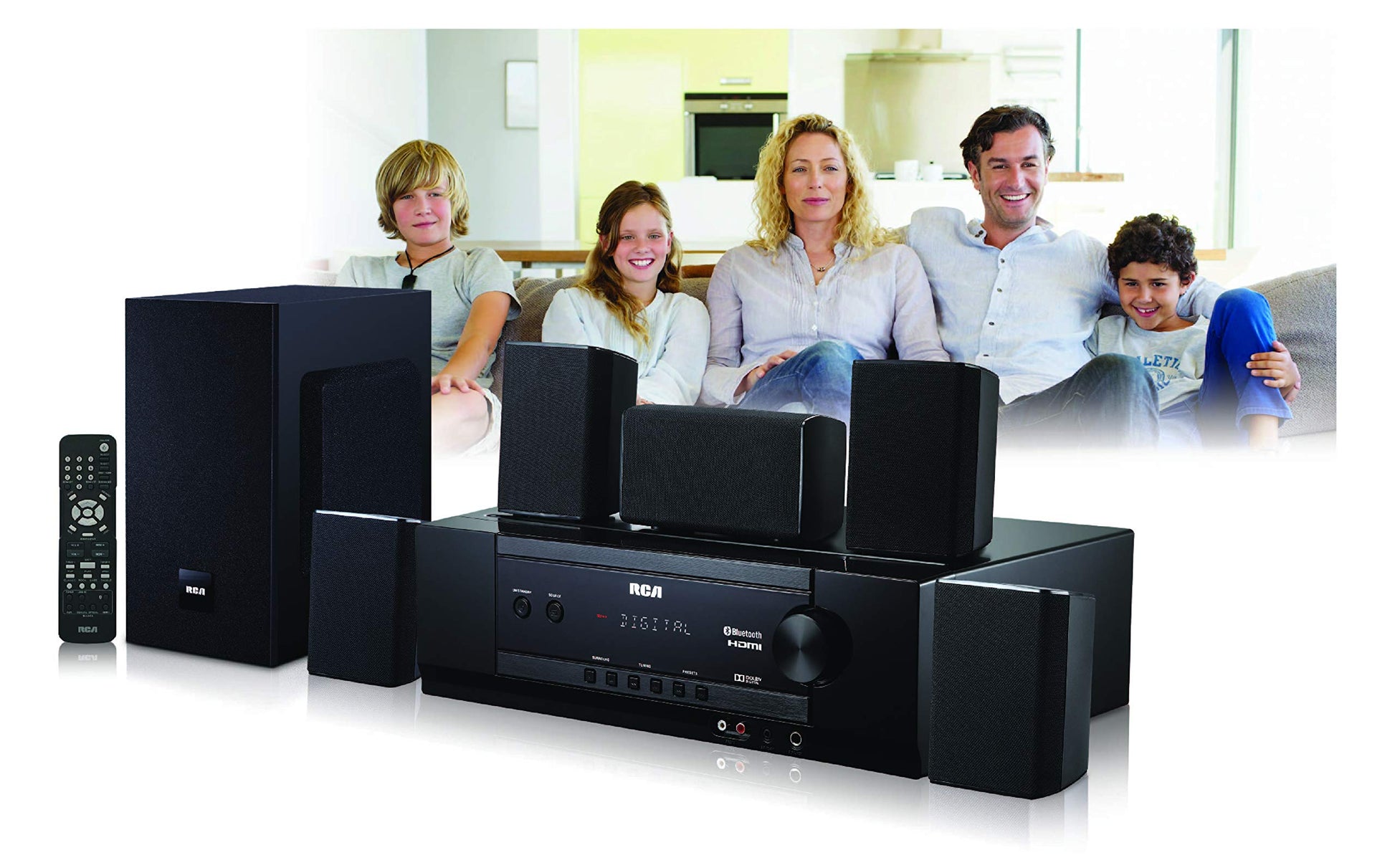 Sistema de Cine en Casa RCA Negro Sonido Envolvente Digital 5.1 1000 Vatios Con Receptor de Audio Bluetooth y USB