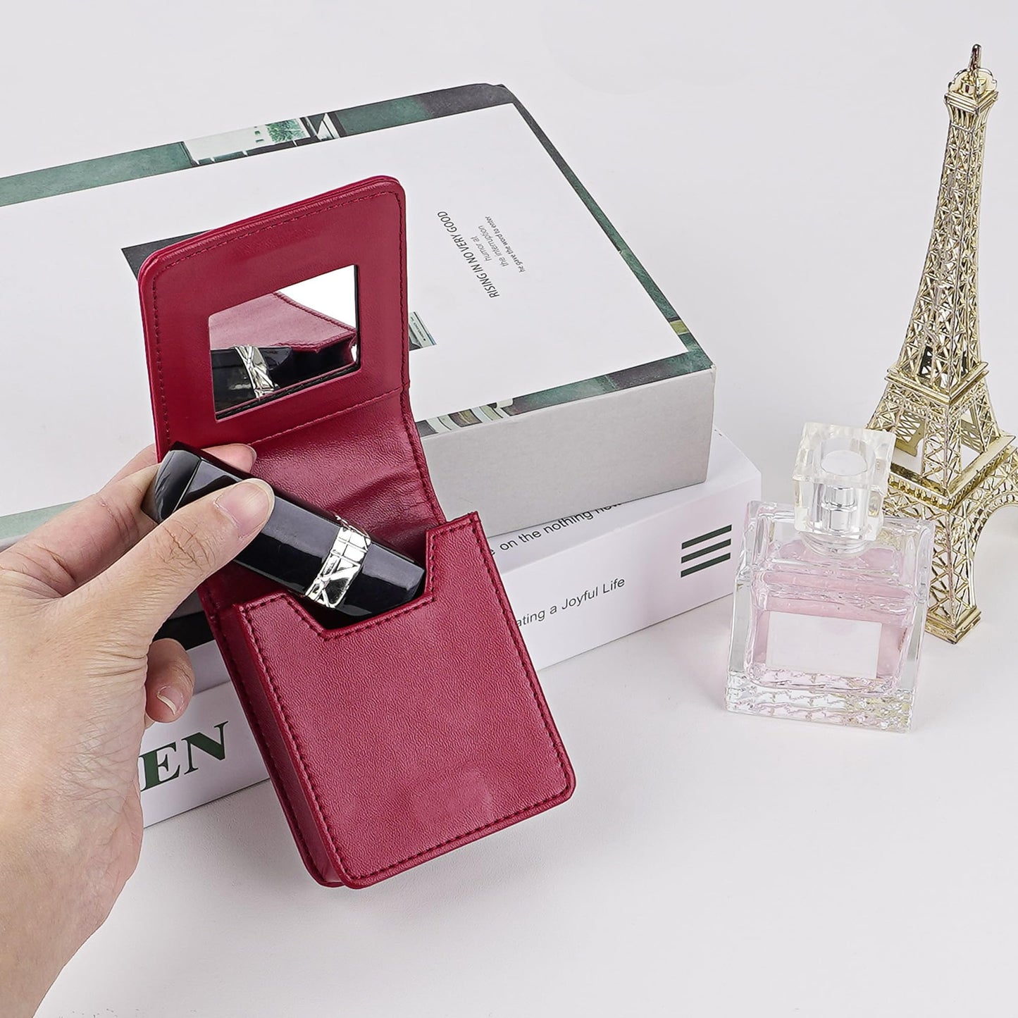 Biiange - Estuche para lápiz labial con espejo, portátil y fácil de usar, para viaje y regalo, rojo sólido