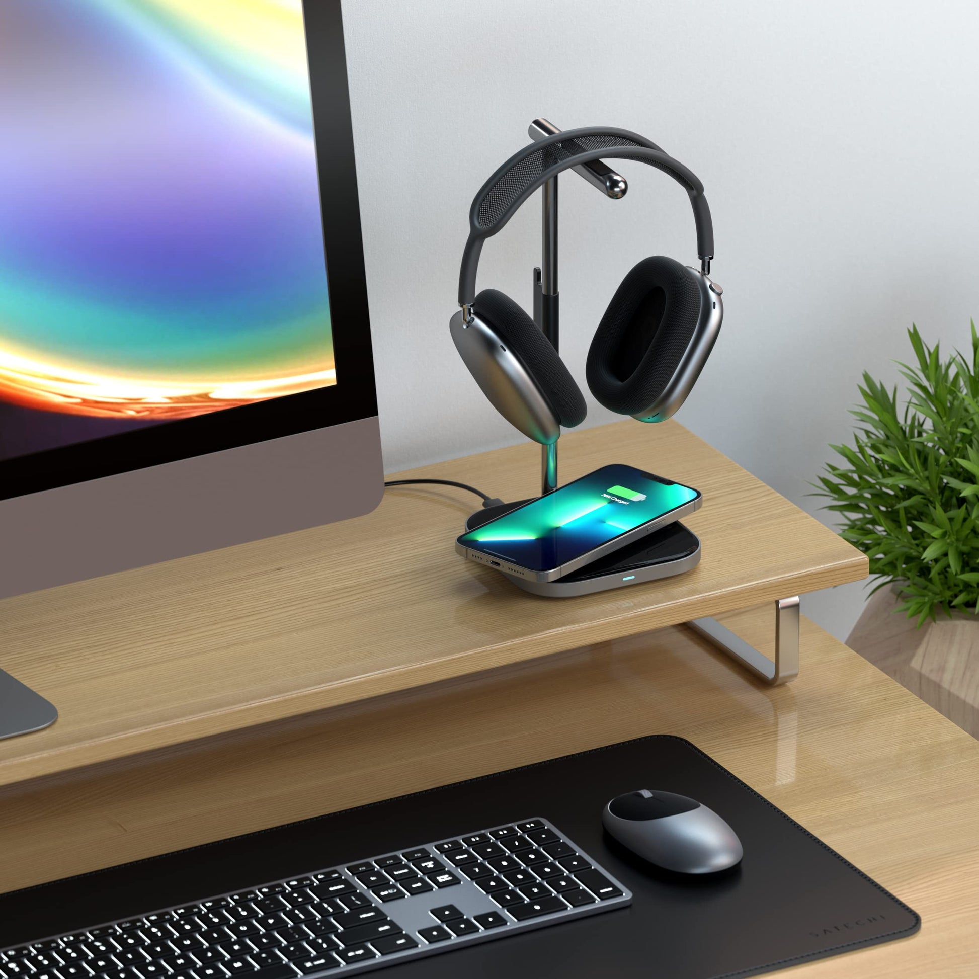Soporte para Auriculares SATECHI Gris con Carga Inalámbrica y USB Tipo-C Compatible con iPhone y Dispositivos Qi