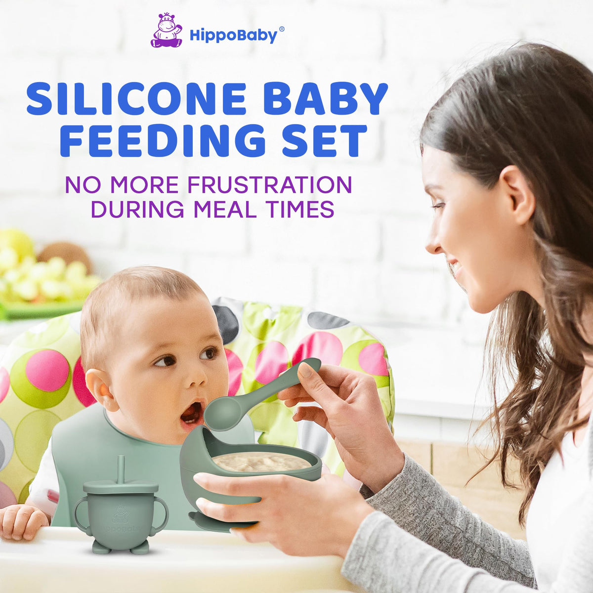 HippoBaby Suministros para destete guiado por el bebé | Juego de alimentación para bebé de 10 piezas de silicona, babero de bebé y niño, taza, plato dividido y tazón, cucharas para autoalimentación