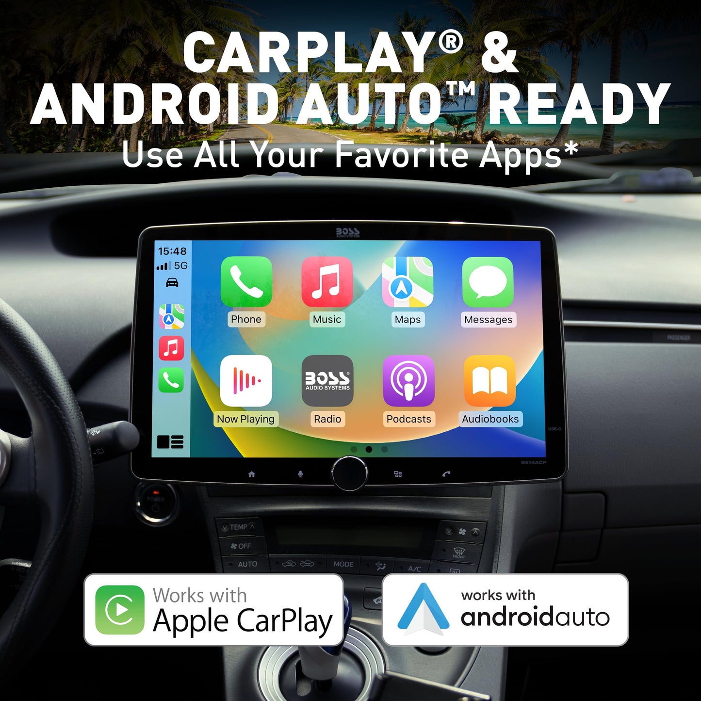BOSS Audio Systems- BCPA14 Car Stereo - Apple CarPlay, Android Auto, DIN Simple, Pantalla táctil LCD capacitiva de 14 Pulgadas, Bluetooth, sin Reproductor de CD