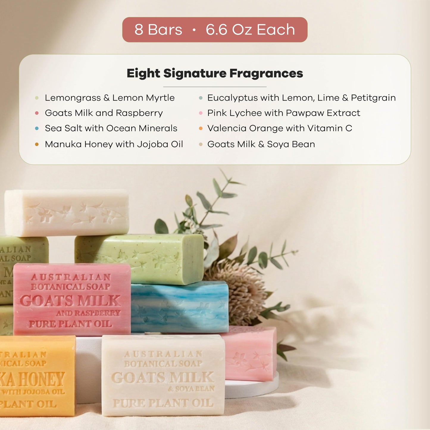 Australian Botanical Soap, Pure Plant Oil Soaps, 8 Bar Soap Variety Pack | 6.6 oz (187g) Natural Ingredient Soap Bars | All Skin Types | Shea Butter Infused - Pack of 8