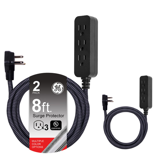 GE Pro Tira Multicontactos De 3 Salidas con Supresor de Picos, Enchufe Plano, Cable De Extensión Trenzado De 2.4 m (8 Pies) 250 Julios, Conectado a Tierra Certificacion UL Negro/Gris 2 Unidades, 53249