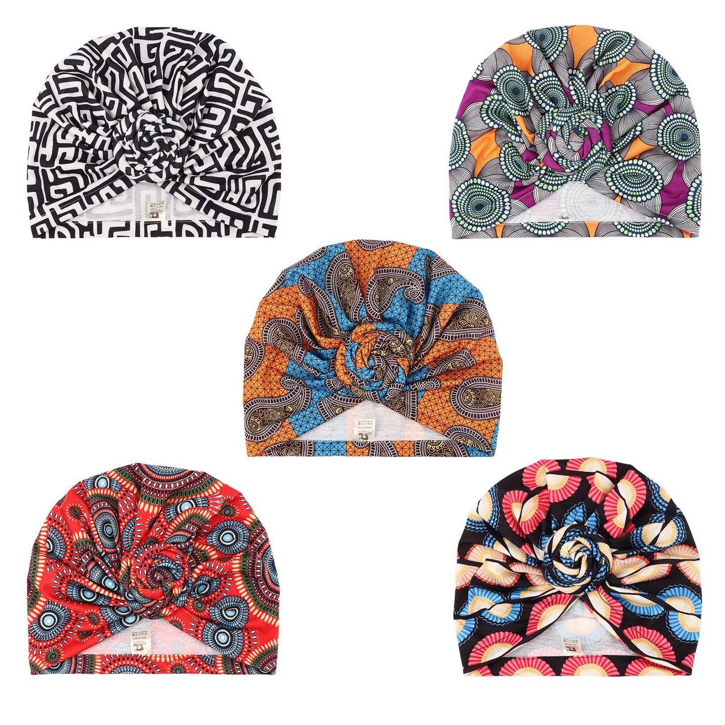 DRESHOW 5 Piezas Africano Turbante para Mujer Gorro de Nudo Pre Atado Suave Pañuelo de Cabeza Plisada de Moda Gorra de Dormi