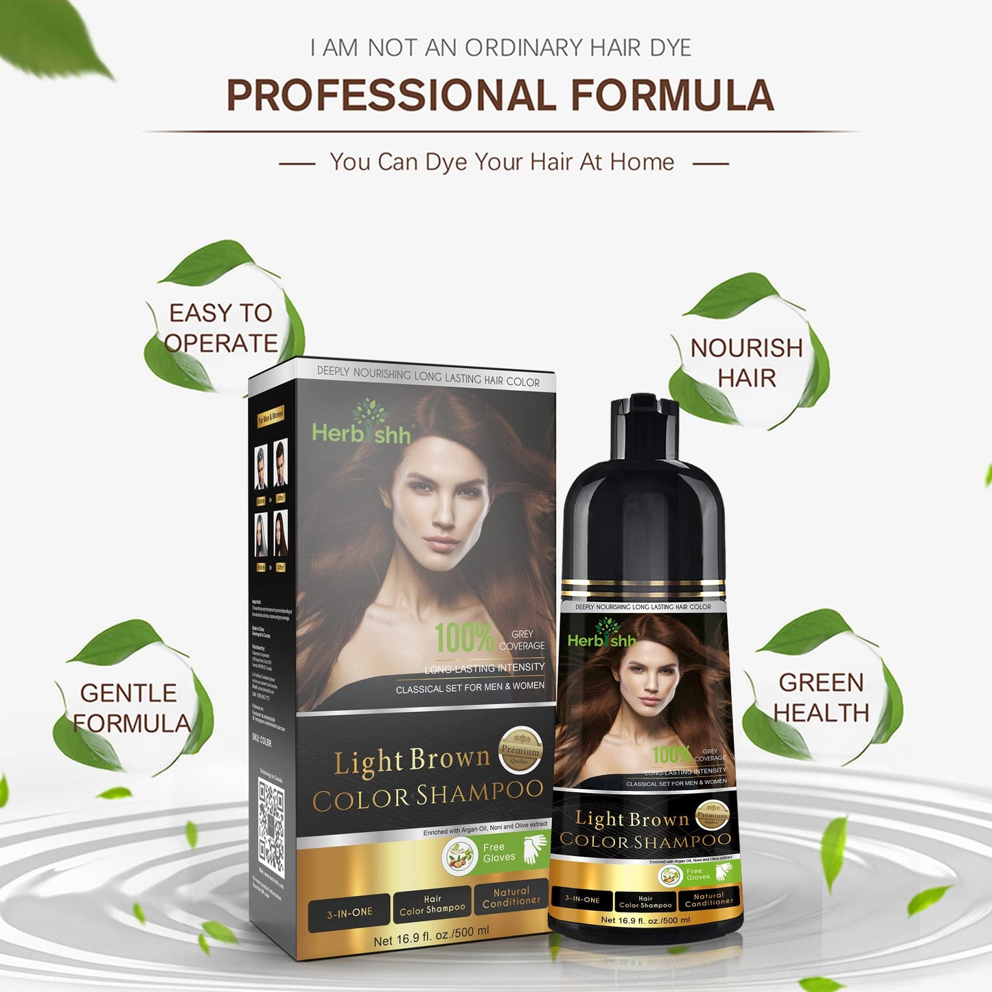 Herbishh - Champú colorante para cabello gris, champú con tinte natural para el cabello, colorea el cabello en minutos, dura hasta de 3 a 4 semanas, 500 ml, tinte de cabello 3 en 1, sin amoniaco | (marrón claro)
