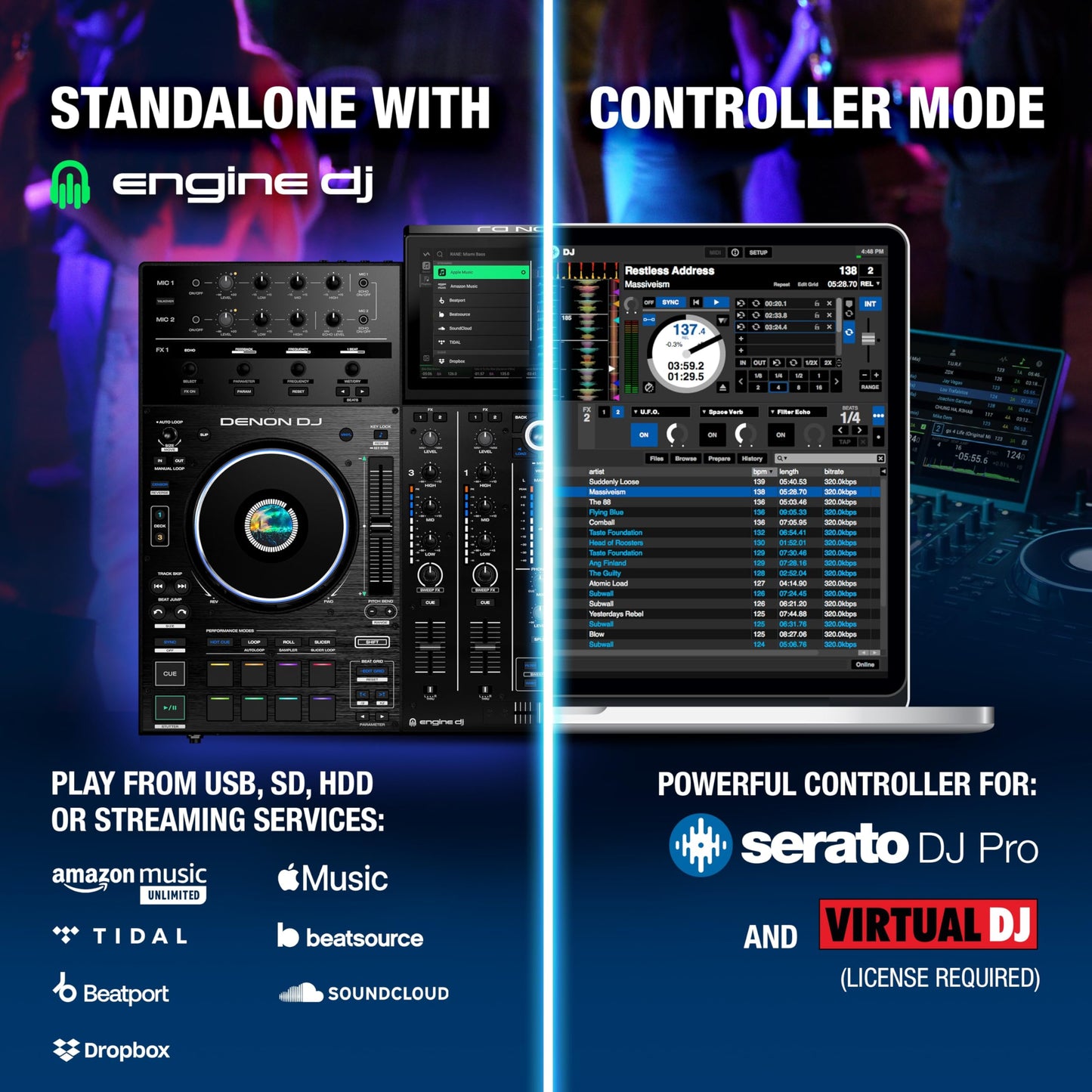 Denon DJ PRIME 4+ Controlador DJ Autónomo con Separación de Stems en 4 Decks, Streaming por WIFI, Mezclador, Pantalla Táctil 10.1", Control de Luces