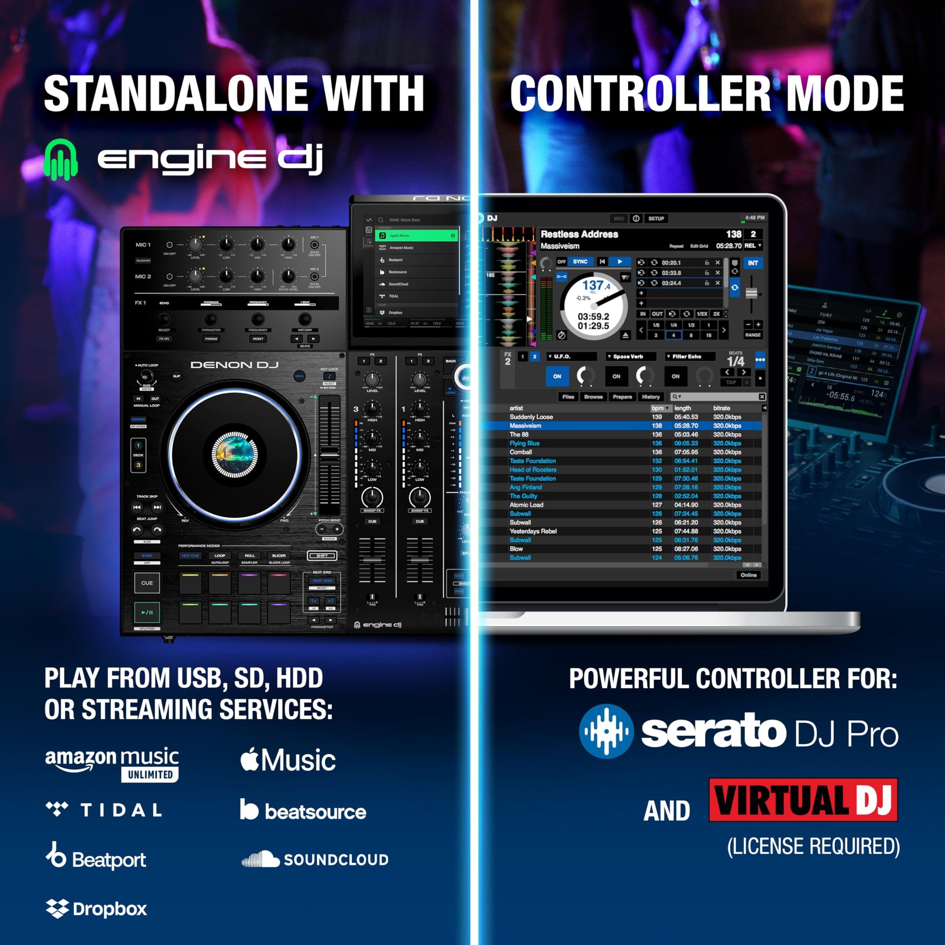 Denon DJ PRIME 4+ Controlador DJ Autónomo con Separación de Stems en 4 Decks, Streaming por WIFI, Mezclador, Pantalla Táctil 10.1", Control de Luces