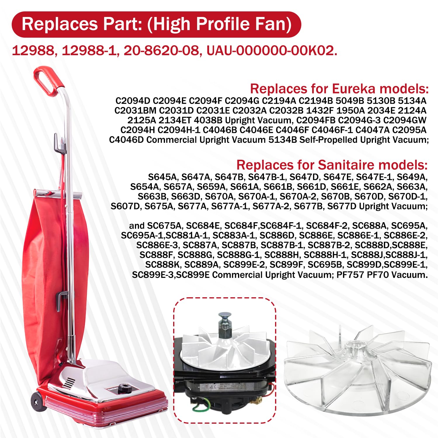 GULUANT - Paquete de 2 ventiladores de aspiradora vertical de repuesto 81092 para Sanitaire 5.0 AMP para SC679 SC688 SC689 SC684 S635 modelos de aspiradora (hoja de 11/16 pulgadas de alto)